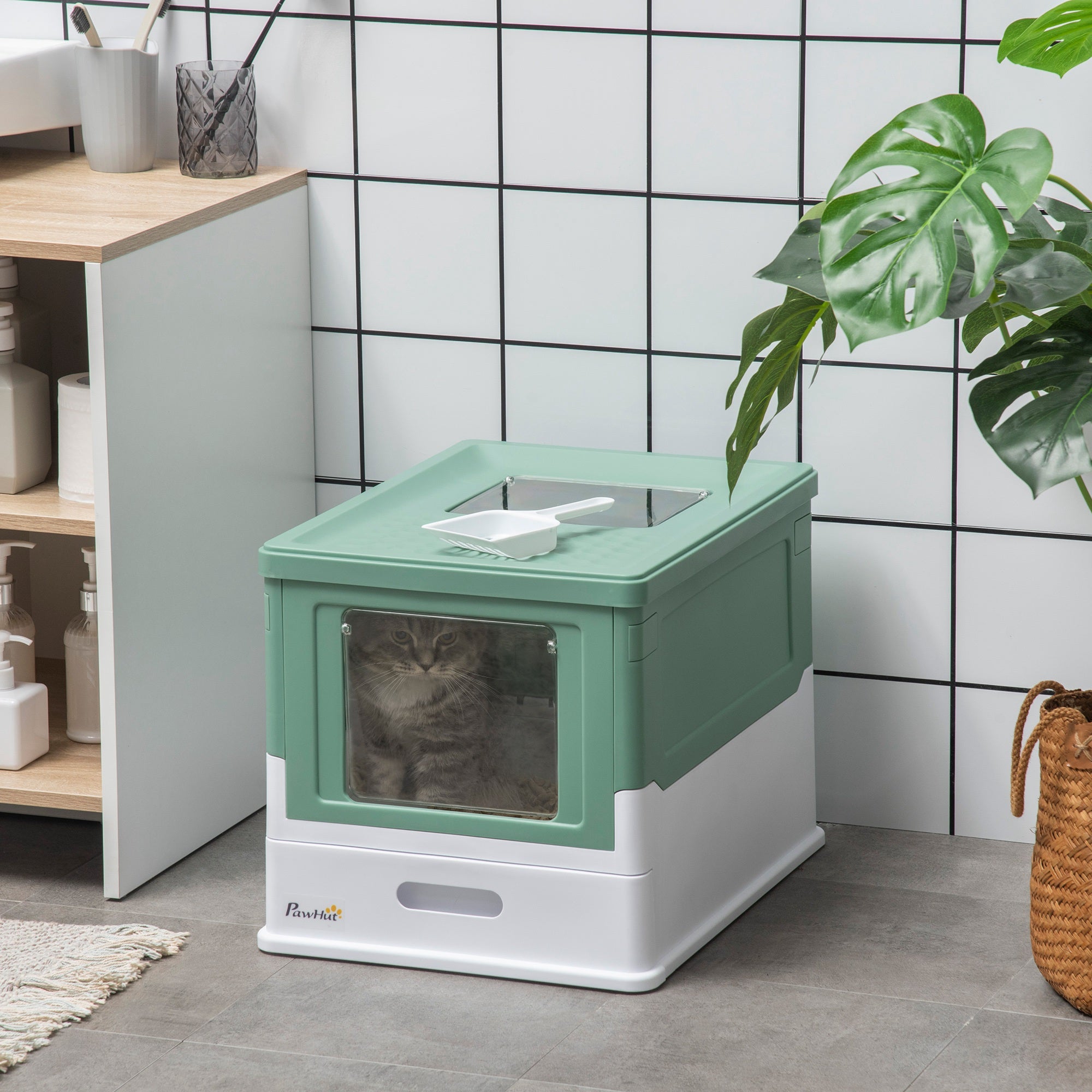 PawHut Fully Enclosed Cat Litter Box with Scoop, Hooded Cat Litter House with Drawer Type Tray, Foldable Smell Proof Cat Potty with Front Entry, Top Exit, Portable Pet Toilet with Large Space, Green