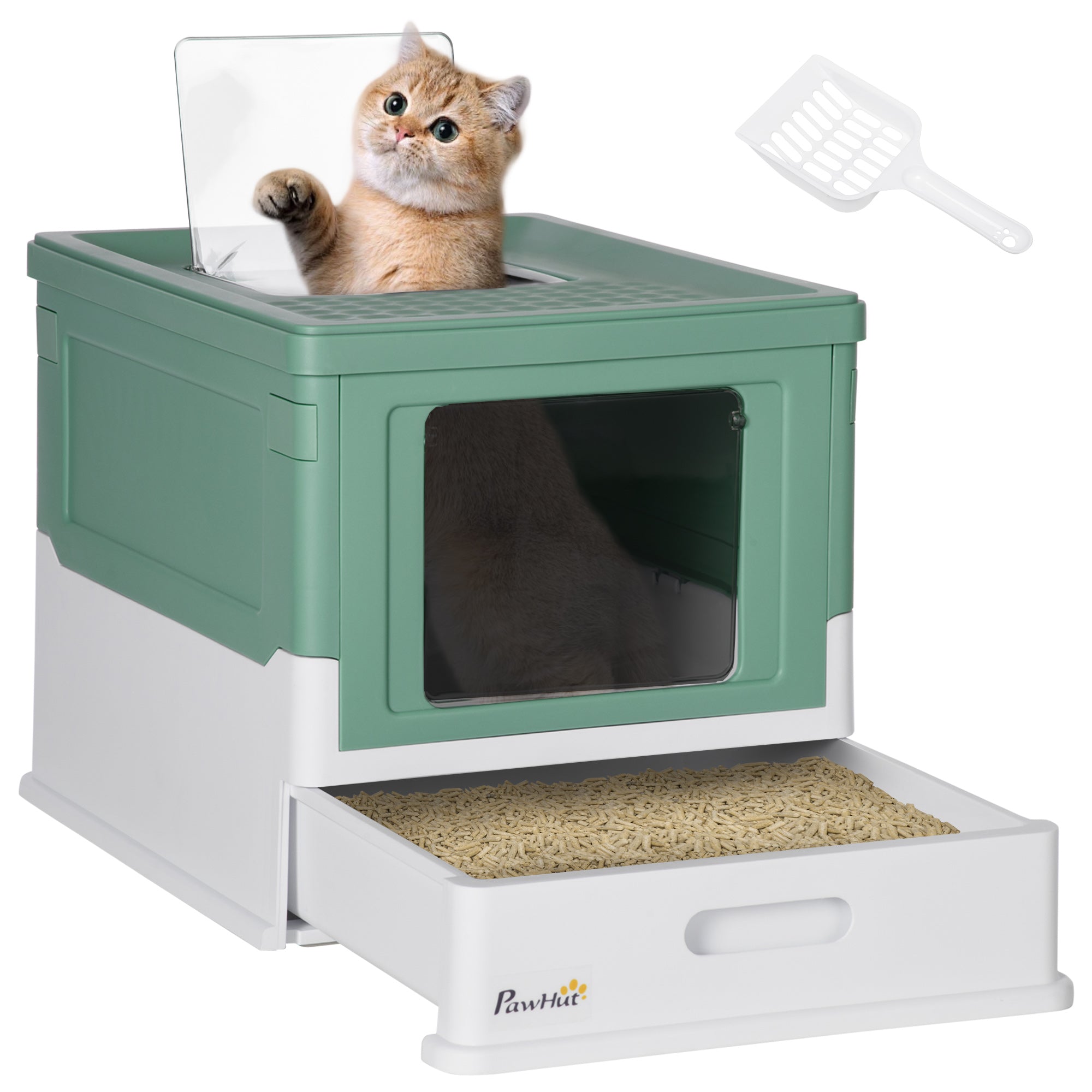 PawHut Cat Litter Box, Top Entry Enclosed Foldable Kitty Litter Box with Scoop, Tray, Portable Kitten Litter Box Enclosure with Front Entry, Large Space, Green