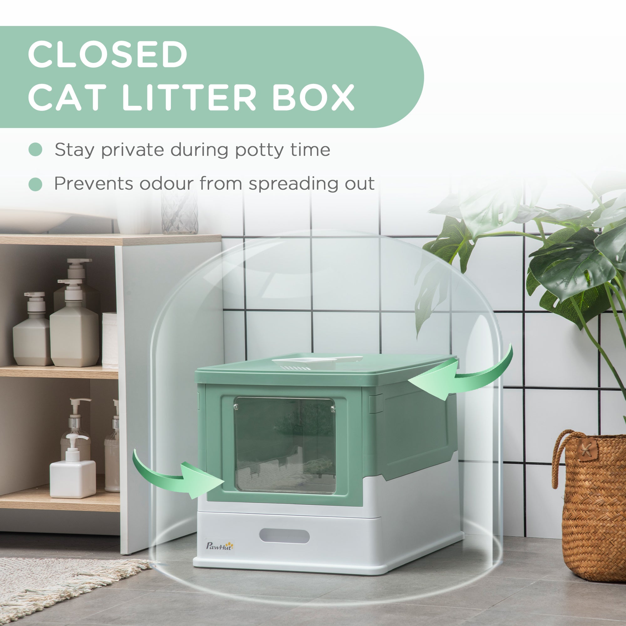 PawHut Cat Litter Box, Top Entry Enclosed Foldable Kitty Litter Box with Scoop, Tray, Portable Kitten Litter Box Enclosure with Front Entry, Large Space, Green