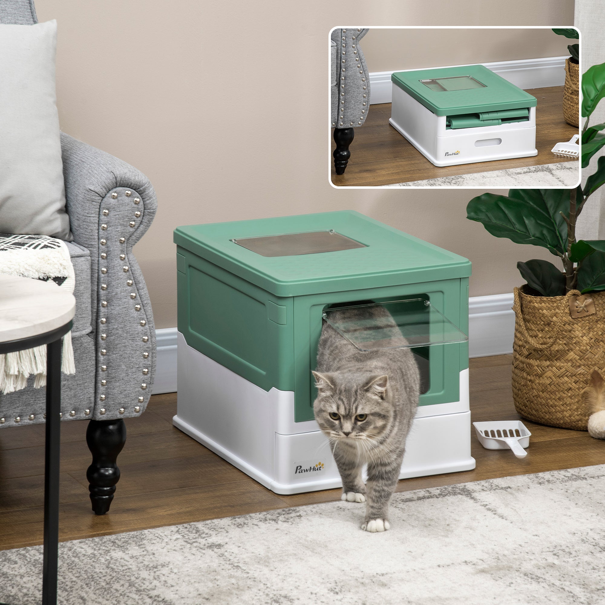 PawHut Cat Litter Box, Top Entry Enclosed Foldable Kitty Litter Box with Scoop, Tray, Portable Kitten Litter Box Enclosure with Front Entry, Large Space, Green