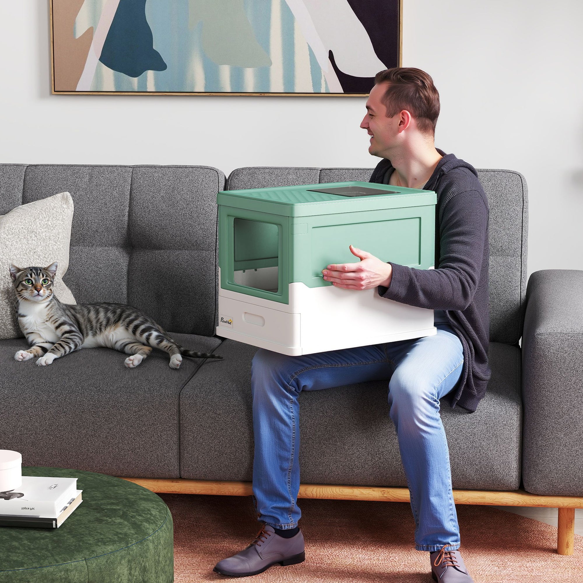 PawHut Cat Litter Box, Top Entry Enclosed Foldable Kitty Litter Box with Scoop, Tray, Portable Kitten Litter Box Enclosure with Front Entry, Large Space, Green