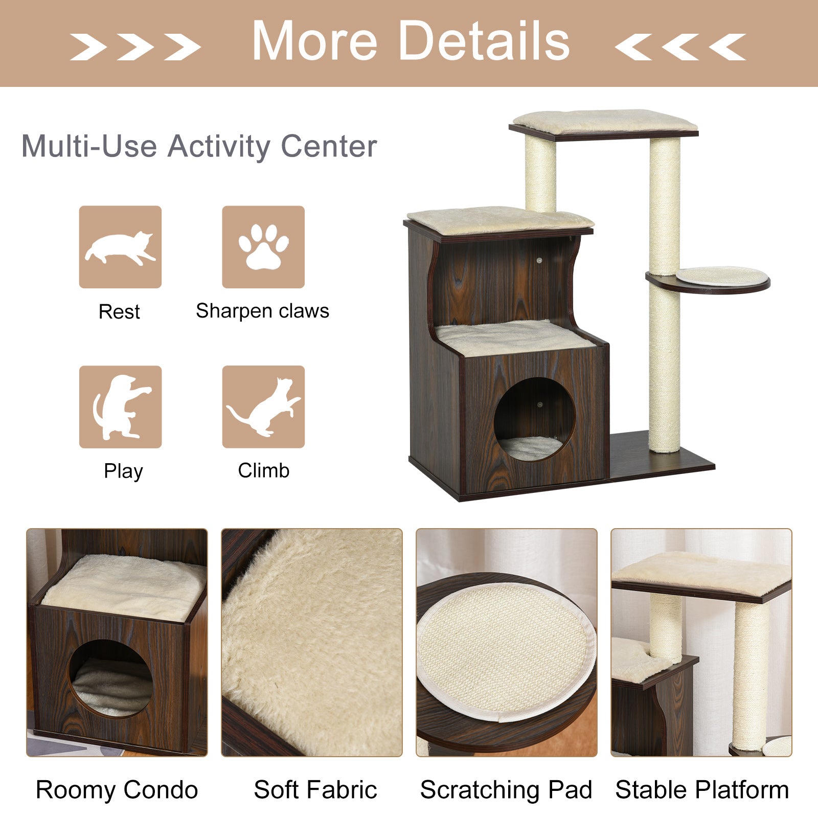 PawHut Cat tree Tower Climbing Activity Center Kitten Furniture with Sisal Scratching Post Condo Perch Cushions Velcro 26" x 15" x 34.75" Brown