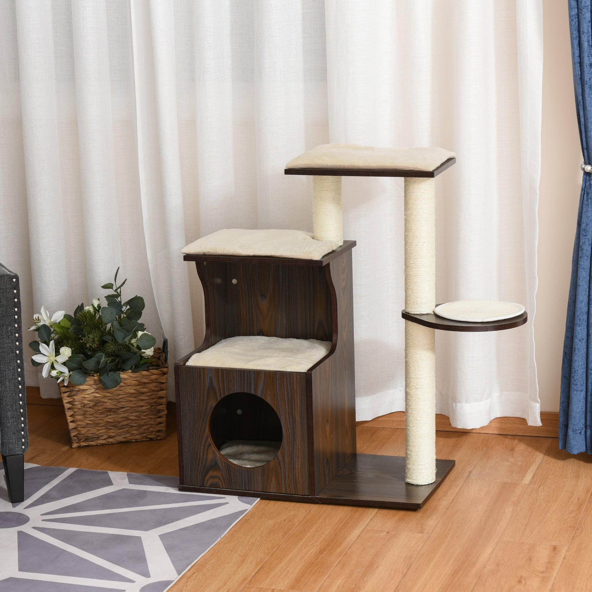 PawHut Cat tree Tower Climbing Activity Center Kitten Furniture with Sisal Scratching Post Condo Perch Cushions Velcro 26" x 15" x 34.75" Brown