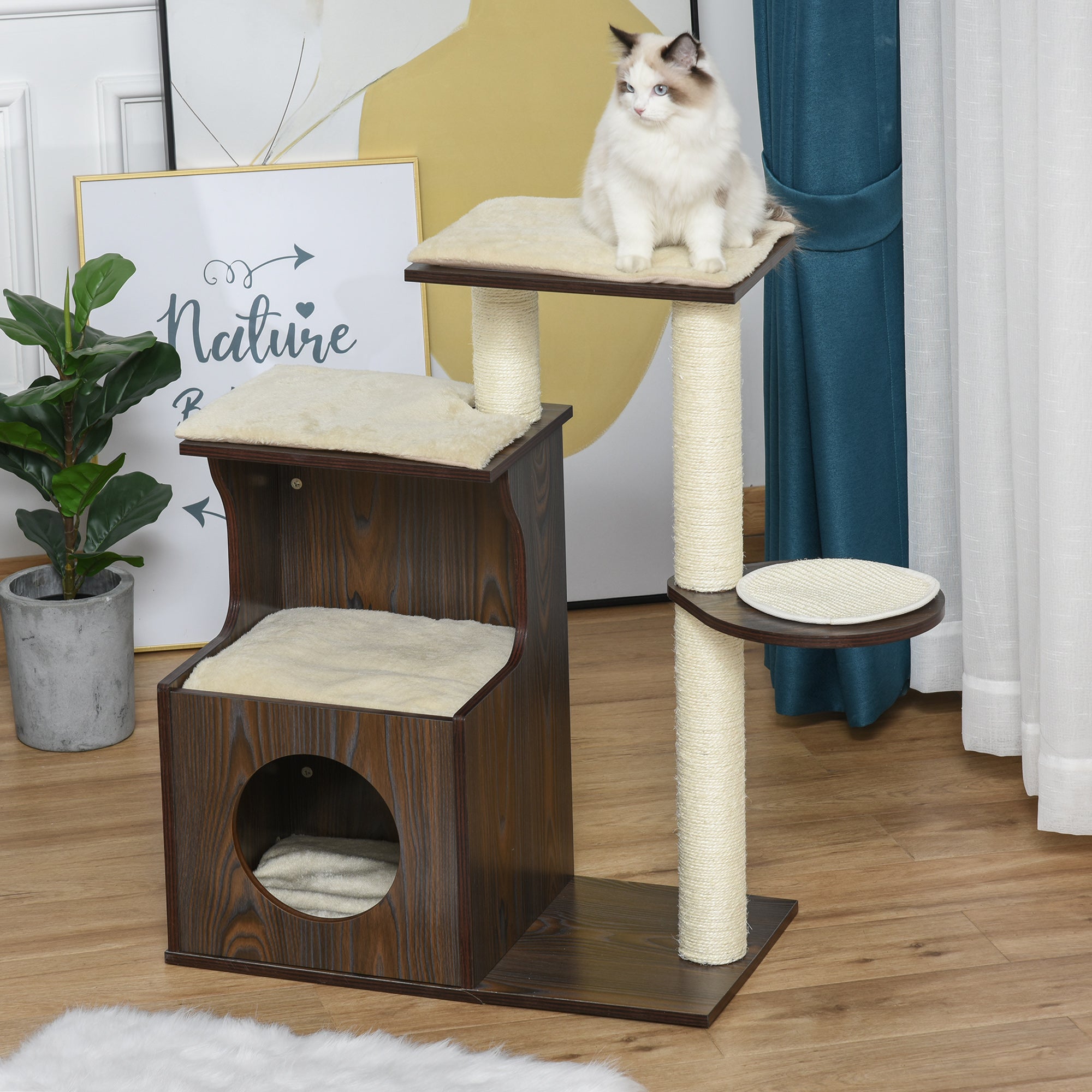 PawHut Cat tree Tower Climbing Activity Center Kitten Furniture with Sisal Scratching Post Condo Perch Cushions Velcro 26" x 15" x 34.75" Brown