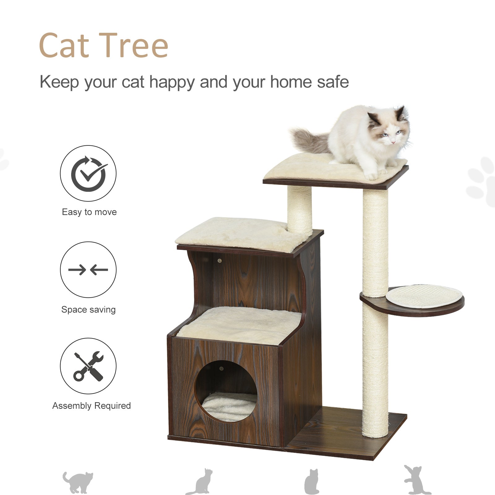 PawHut Cat tree Tower Climbing Activity Center Kitten Furniture with Sisal Scratching Post Condo Perch Cushions Velcro 26" x 15" x 34.75" Brown