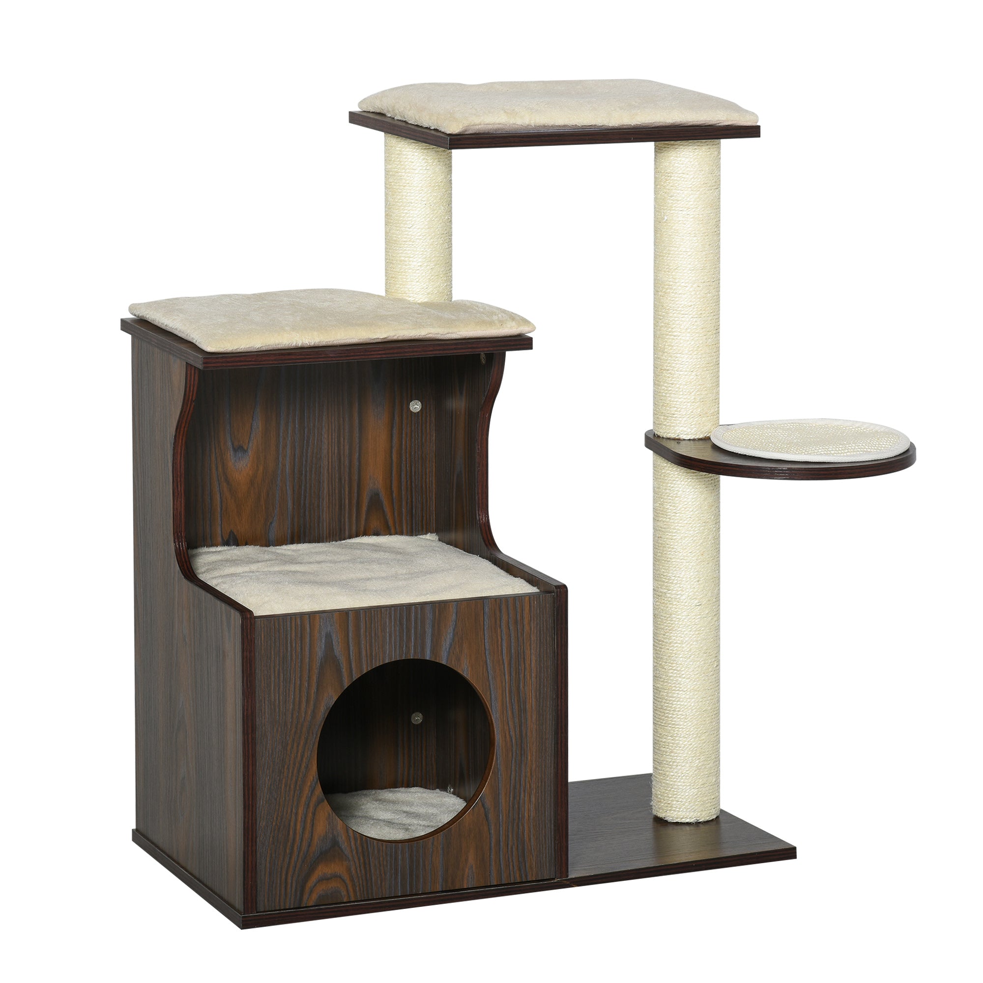 PawHut Cat tree Tower Climbing Activity Center Kitten Furniture with Sisal Scratching Post Condo Perch Cushions Velcro 26" x 15" x 34.75" Brown