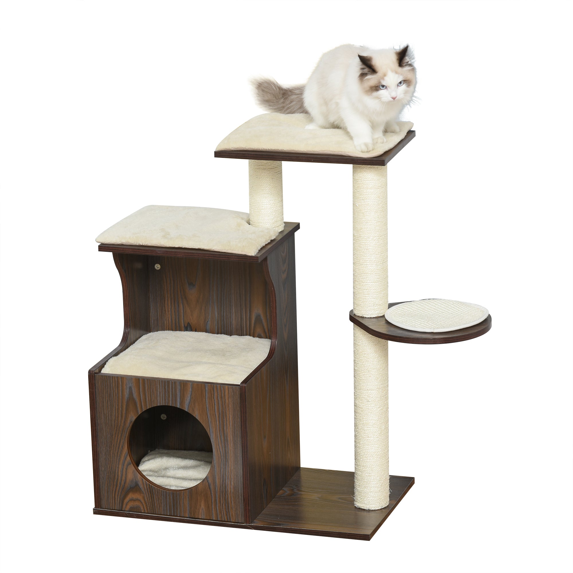 PawHut Cat tree Tower Climbing Activity Center Kitten Furniture with Sisal Scratching Post Condo Perch Cushions Velcro 26" x 15" x 34.75" Brown