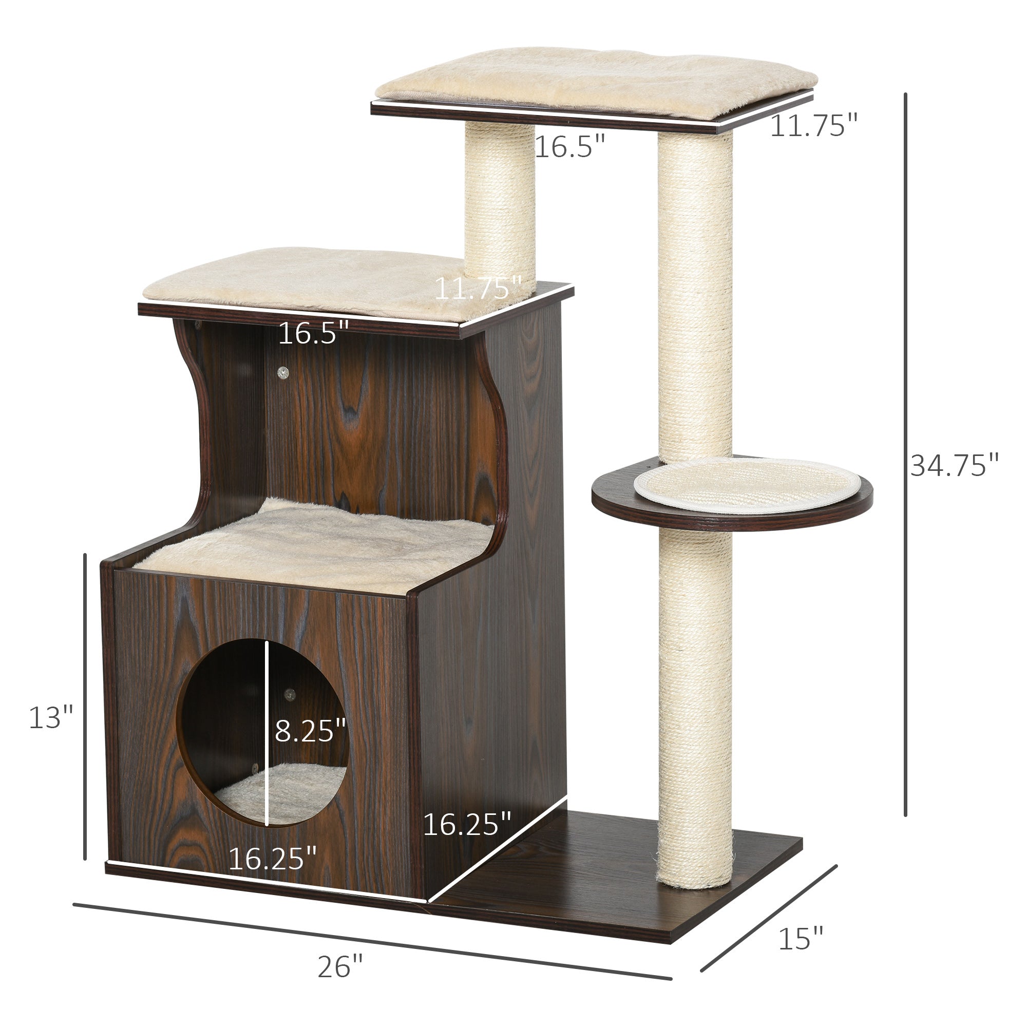 PawHut Cat tree Tower Climbing Activity Center Kitten Furniture with Sisal Scratching Post Condo Perch Cushions Velcro 26" x 15" x 34.75" Brown