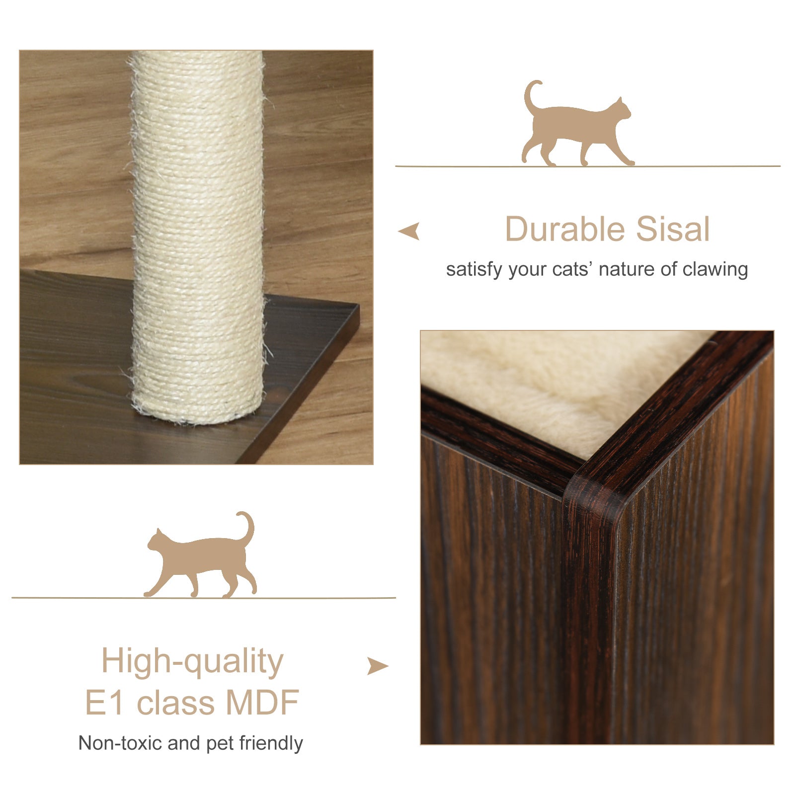 PawHut Cat tree Tower Climbing Activity Center Kitten Furniture with Sisal Scratching Post Condo Perch Cushions Velcro 26" x 15" x 34.75" Brown