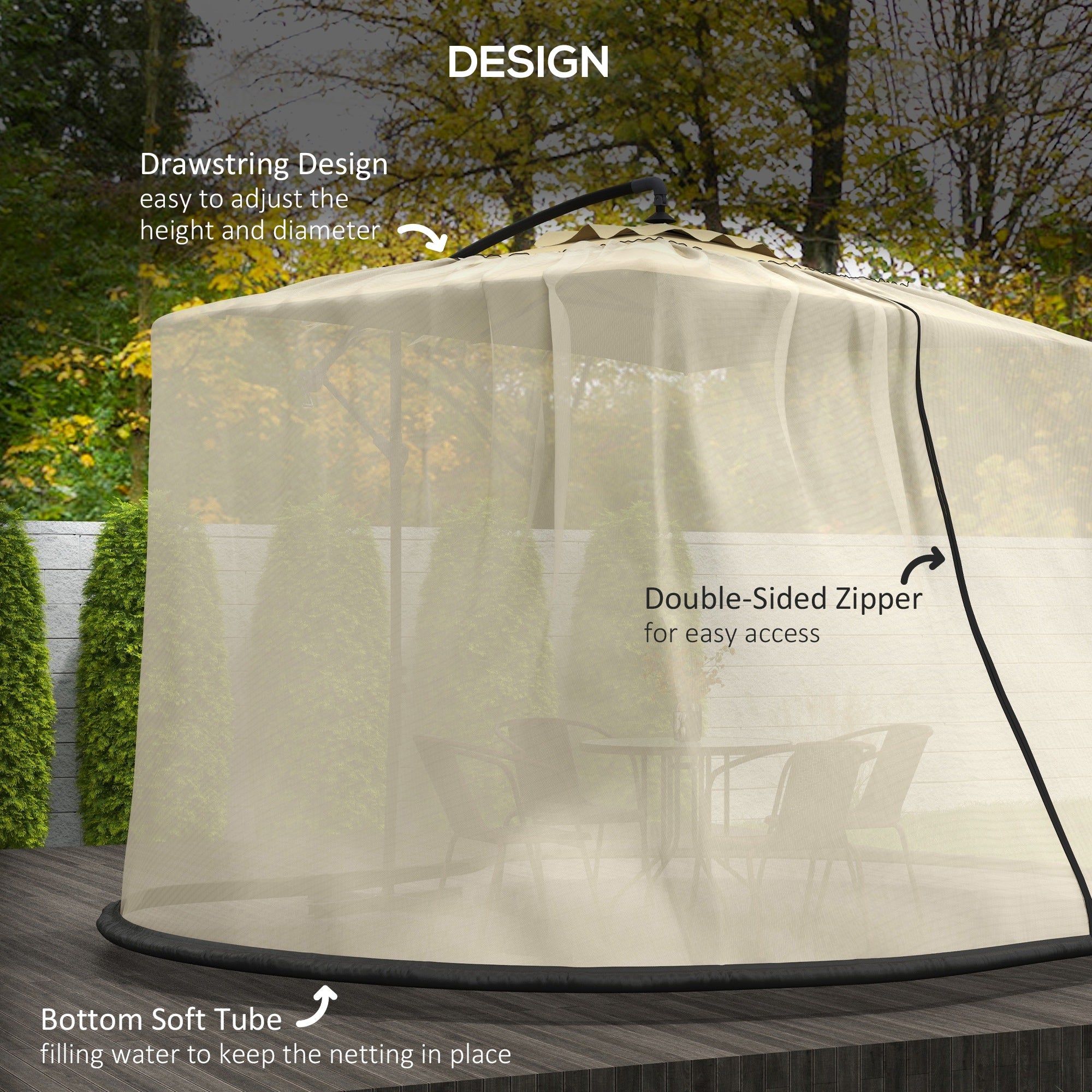 Outsunny Outdoor Patio 7.5FT Umbrella Table Screen Mosquito Bug Net, Garden Large Umbrella Cover Netting with Zippered Door, Beige (Mosquito Netting ONLY)
