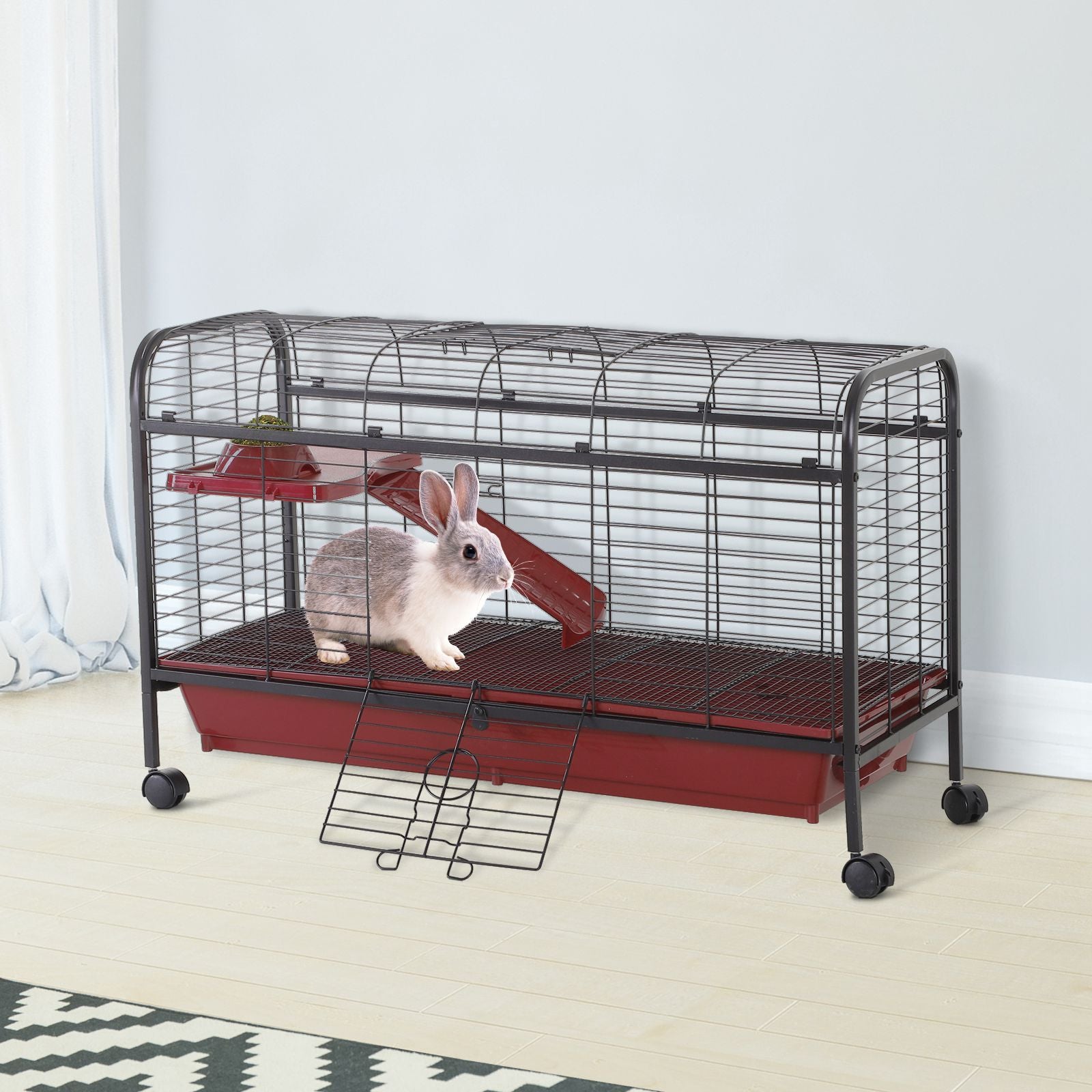 PawHut 42”Metal Wire Small Animal Pet Cage with EasyWheels for Portability & Spacious Multi-Level Design, Red and Black