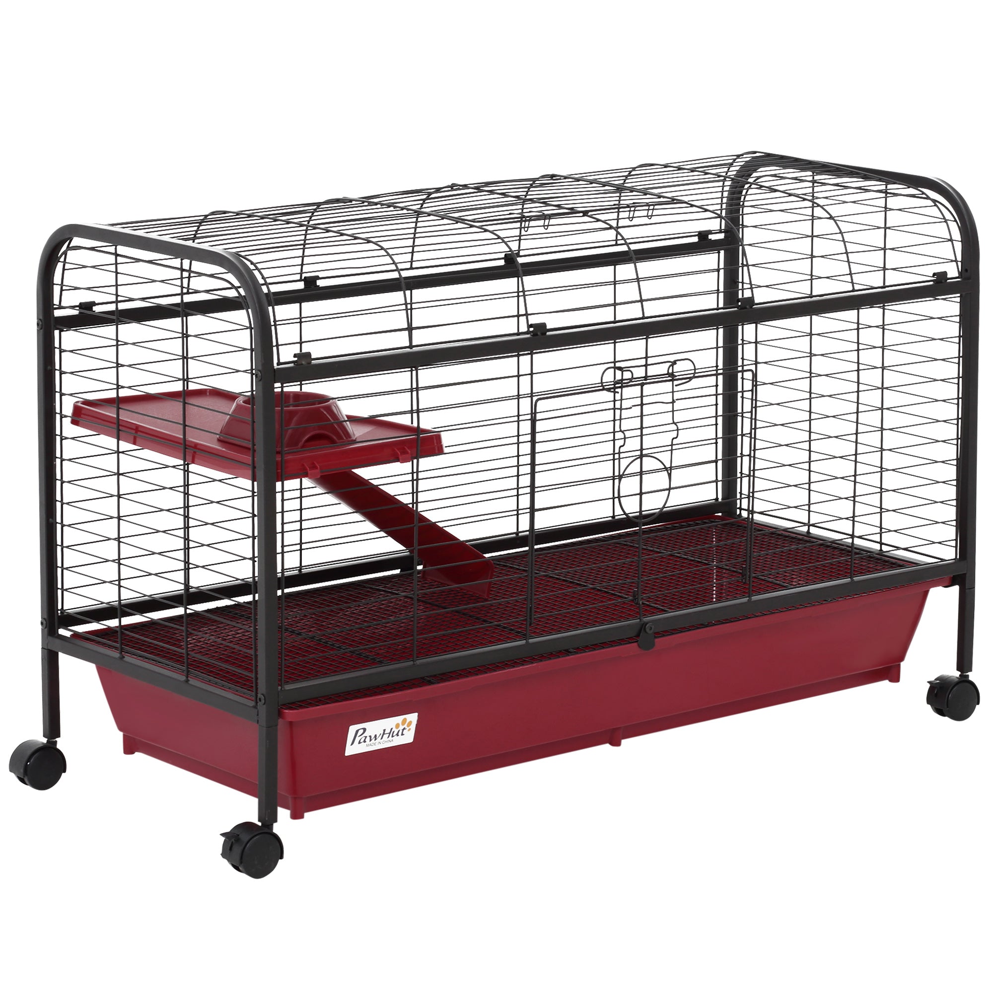 PawHut 42”Metal Wire Small Animal Pet Cage with EasyWheels for Portability & Spacious Multi-Level Design, Red and Black