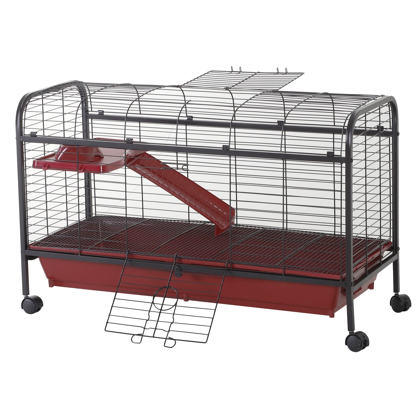 PawHut 42”Metal Wire Small Animal Pet Cage with EasyWheels for Portability & Spacious Multi-Level Design, Red and Black