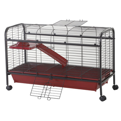 PawHut 42”Metal Wire Small Animal Pet Cage with EasyWheels for Portability & Spacious Multi-Level Design, Red and Black