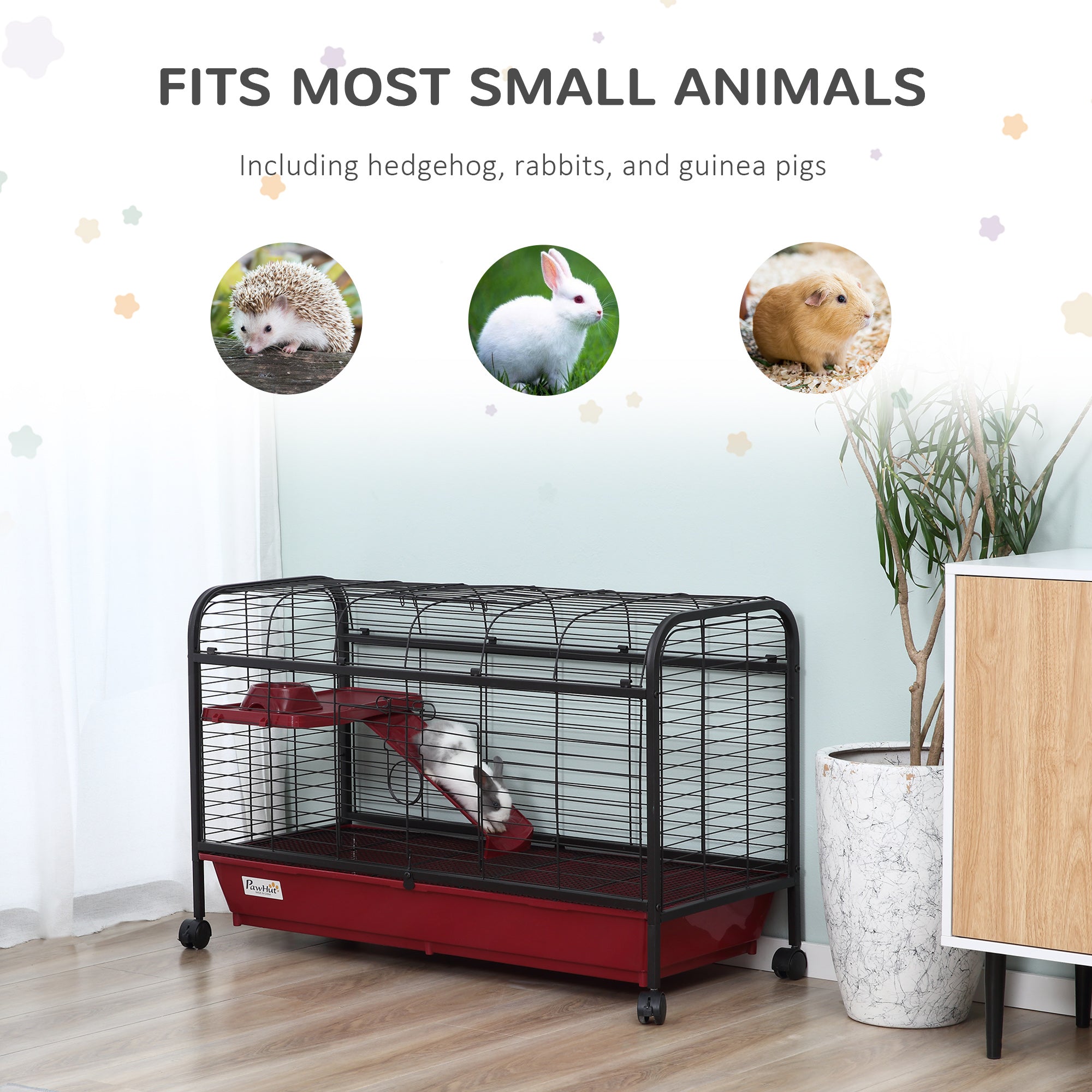 PawHut 42”Metal Wire Small Animal Pet Cage with EasyWheels for Portability & Spacious Multi-Level Design, Red and Black