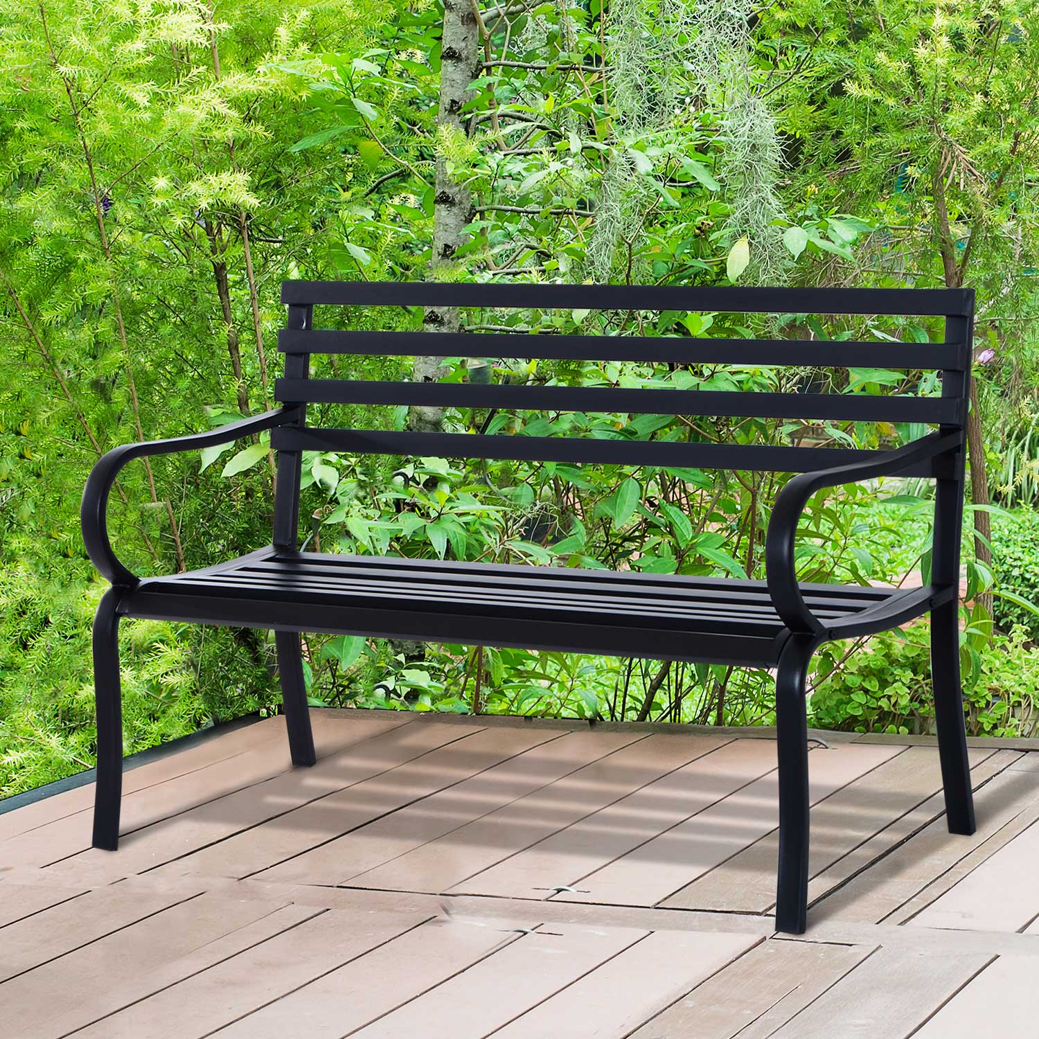 Outsunny 2 Seater Outdoor Bench, Metal Garden Bench with Slatted Backrest and Seat, Patio Loveseat for Yard, Lawn, Porch, Black