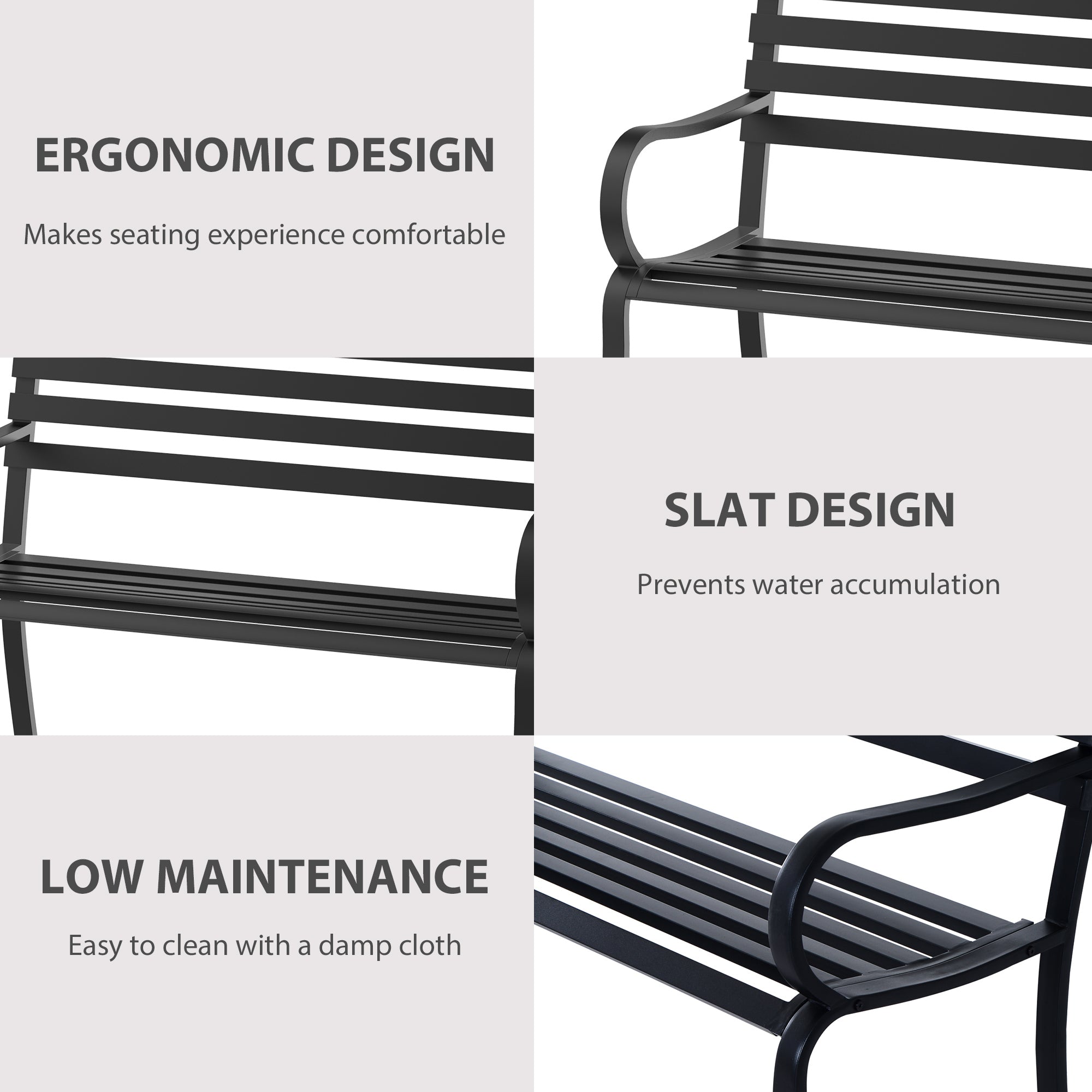 Outsunny 2 Seater Outdoor Bench, Metal Garden Bench with Slatted Backrest and Seat, Patio Loveseat for Yard, Lawn, Porch, Black