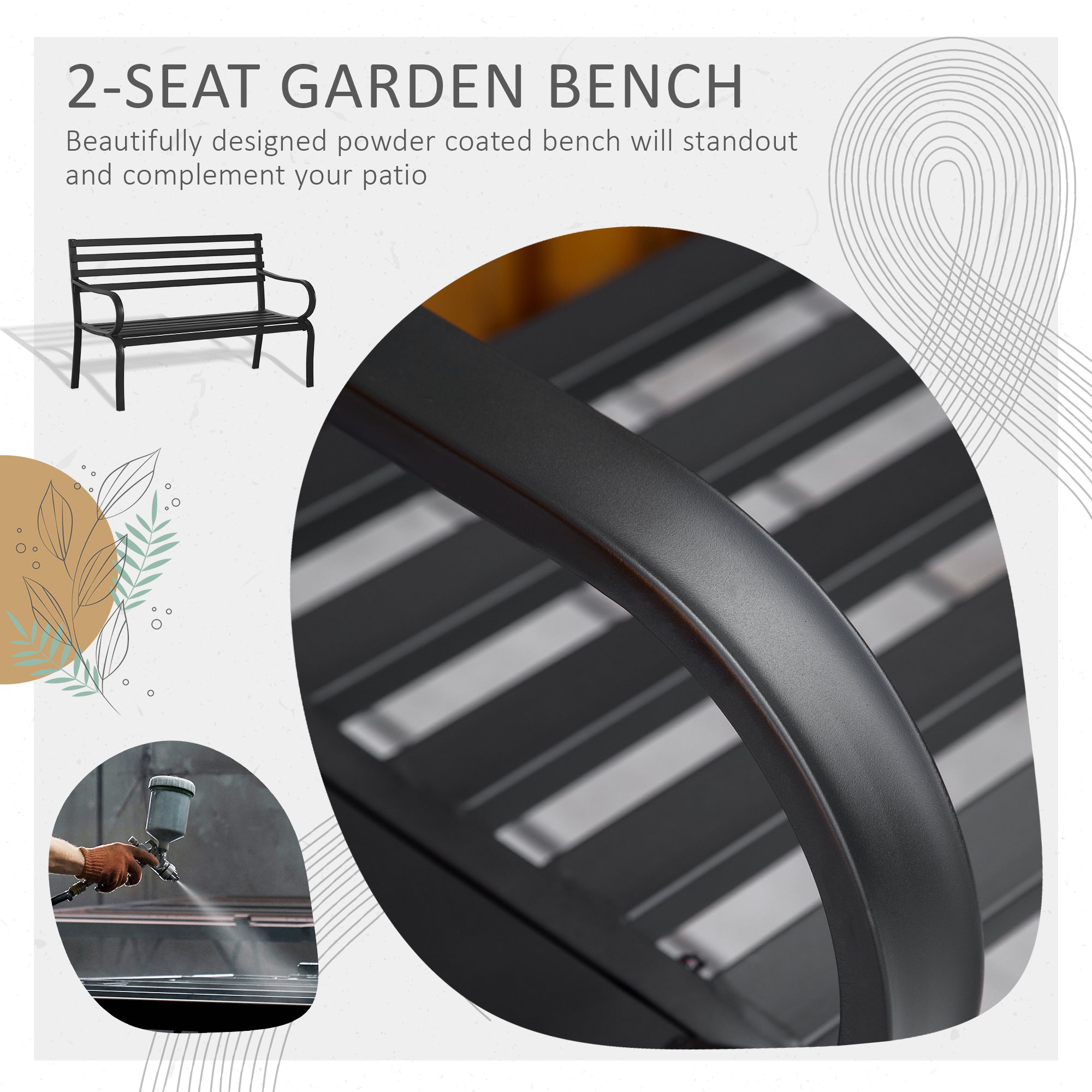 Outsunny 2 Seater Outdoor Bench, Metal Garden Bench with Slatted Backrest and Seat, Patio Loveseat for Yard, Lawn, Porch, Black