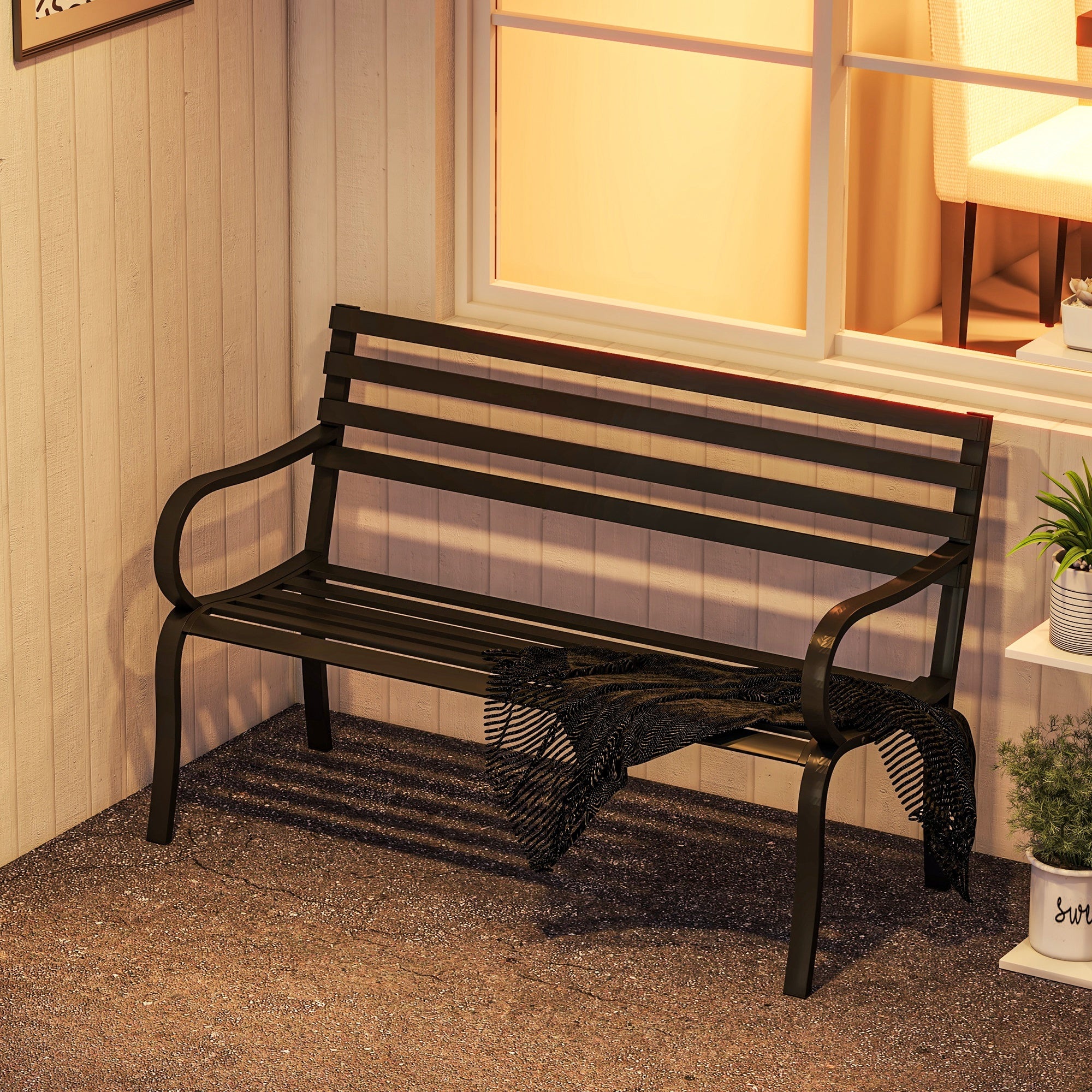 Outsunny 2 Seater Outdoor Bench, Metal Garden Bench with Slatted Backrest and Seat, Patio Loveseat for Yard, Lawn, Porch, Black