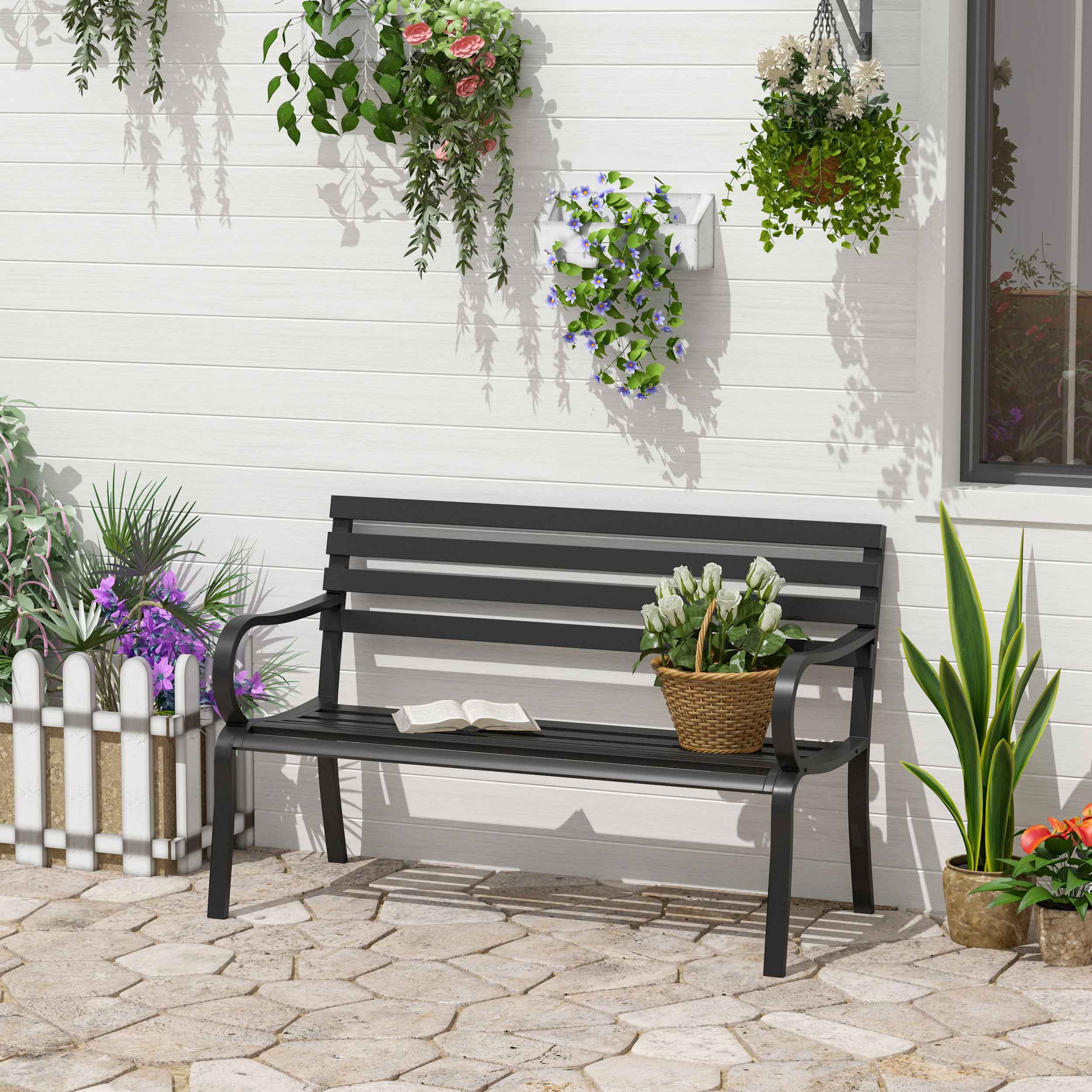 Outsunny 2 Seater Outdoor Bench, Metal Garden Bench with Slatted Backrest and Seat, Patio Loveseat for Yard, Lawn, Porch, Black