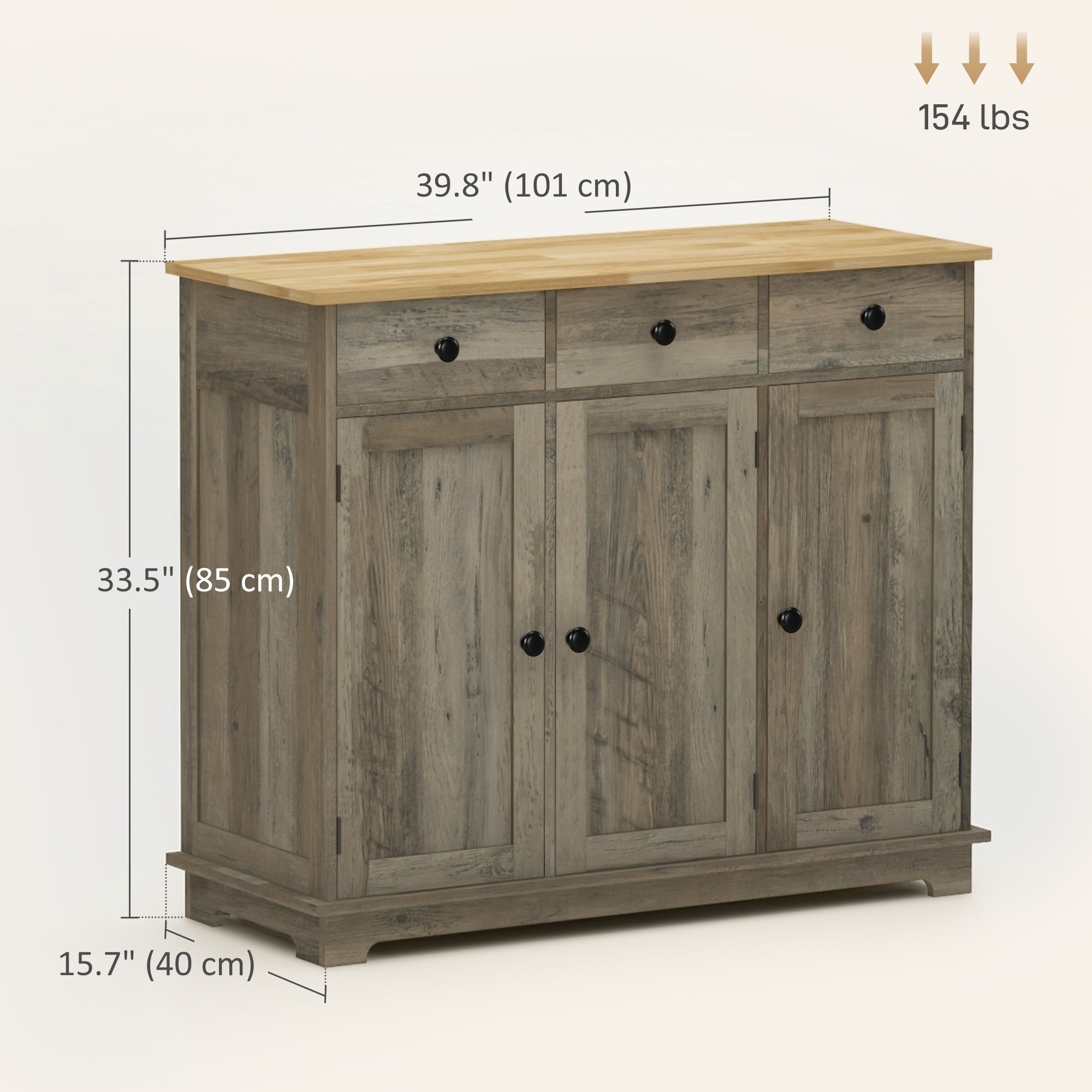 HOMCOM Sideboard Buffet Cabinet with Storage, 40" Kitchen Cabinet with 3 Adjustable Shelves, 3 Drawers and 3 Doors, Coffee Bar Cabinet with Rubberwood Tabletop, Washed Grey