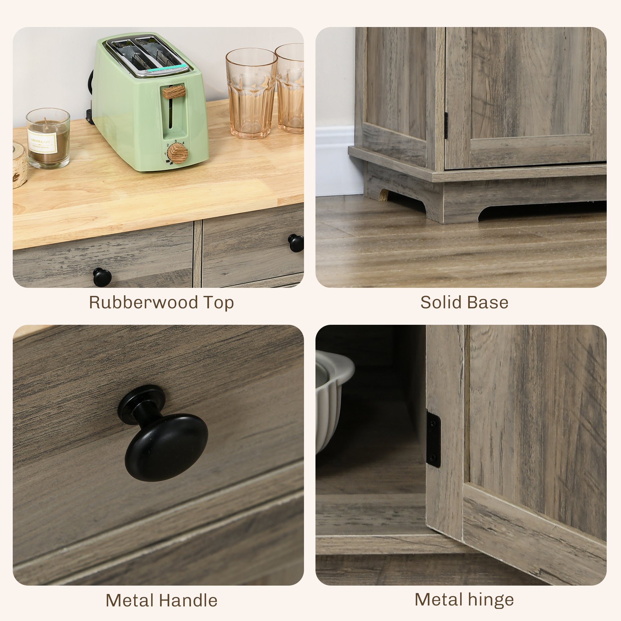HOMCOM Sideboard Buffet Cabinet with Storage, 40" Kitchen Cabinet with 3 Adjustable Shelves, 3 Drawers and 3 Doors, Coffee Bar Cabinet with Rubberwood Tabletop, Washed Grey
