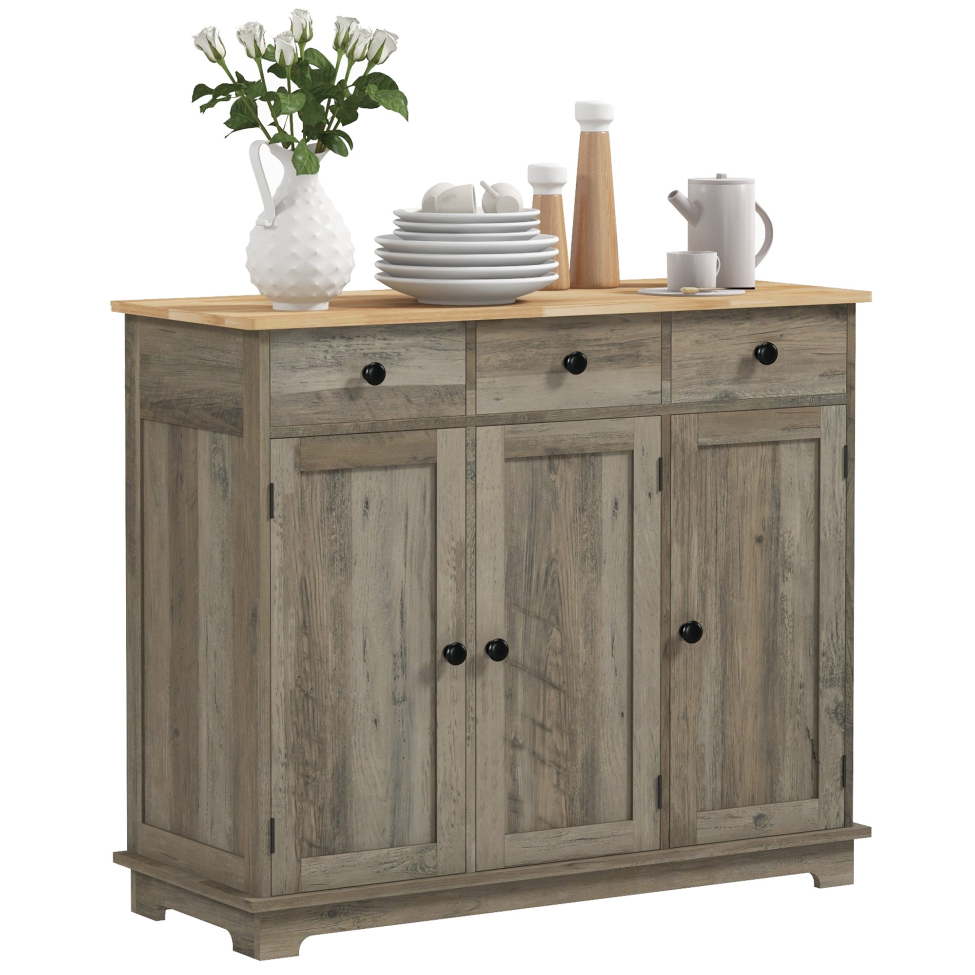 HOMCOM Sideboard Buffet Cabinet with Storage, 40" Kitchen Cabinet with 3 Adjustable Shelves, 3 Drawers and 3 Doors, Coffee Bar Cabinet with Rubberwood Tabletop, Washed Grey
