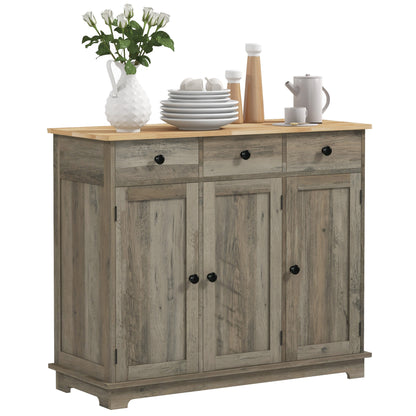 HOMCOM Sideboard Buffet Cabinet with Storage, 40" Kitchen Cabinet with 3 Adjustable Shelves, 3 Drawers and 3 Doors, Coffee Bar Cabinet with Rubberwood Tabletop, Washed Grey