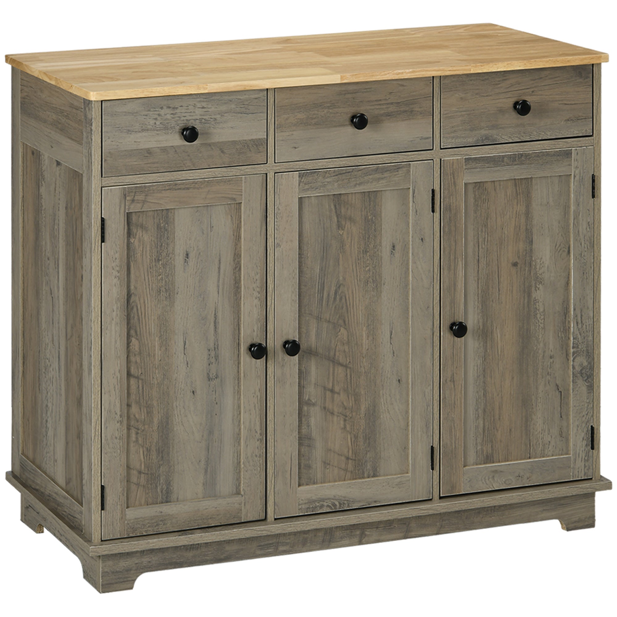 HOMCOM Sideboard Buffet Cabinet with Storage, 40" Kitchen Cabinet with 3 Adjustable Shelves, 3 Drawers and 3 Doors, Coffee Bar Cabinet with Rubberwood Tabletop, Washed Grey