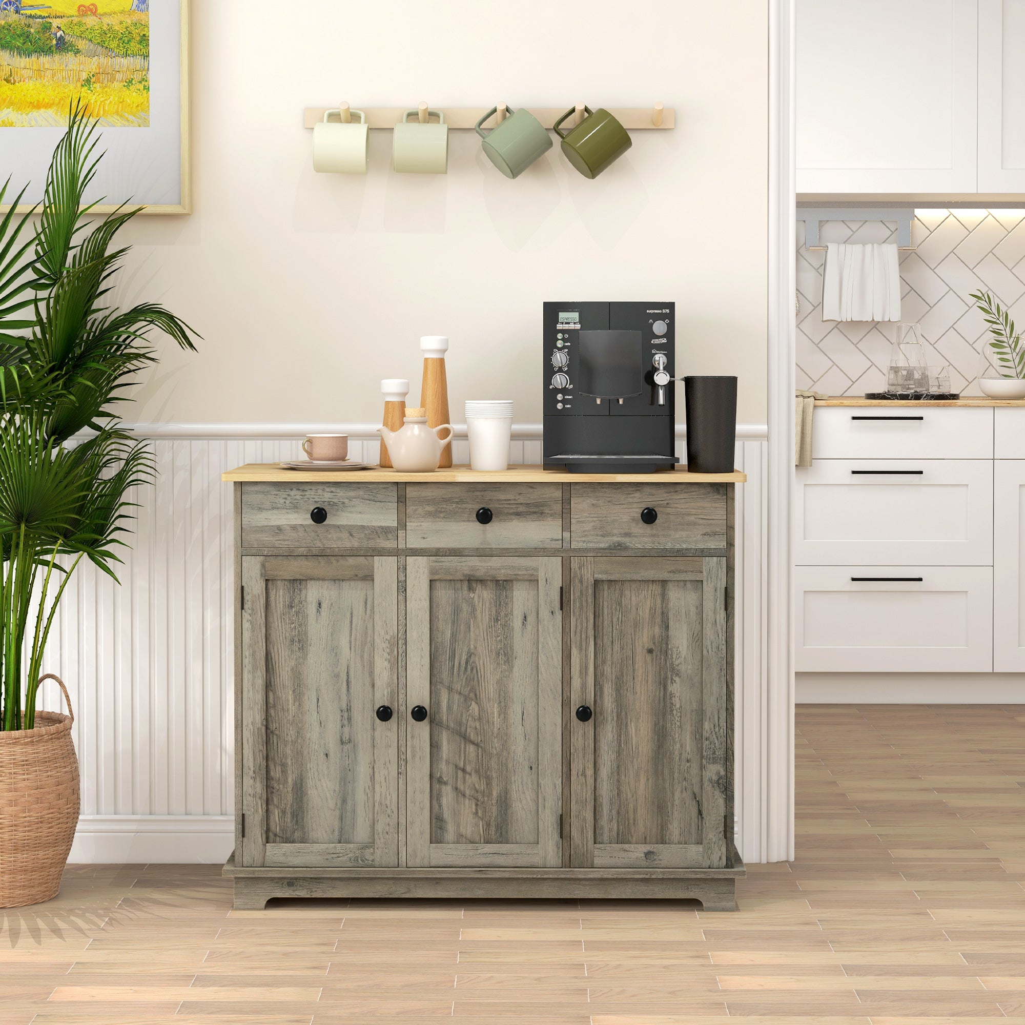 HOMCOM Sideboard Buffet Cabinet with Storage, 40" Kitchen Cabinet with 3 Adjustable Shelves, 3 Drawers and 3 Doors, Coffee Bar Cabinet with Rubberwood Tabletop, Washed Grey