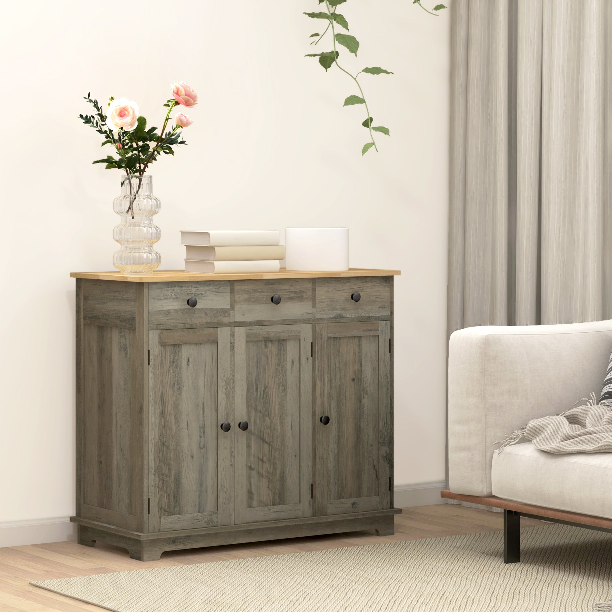 HOMCOM Sideboard Buffet Cabinet with Storage, 40" Kitchen Cabinet with 3 Adjustable Shelves, 3 Drawers and 3 Doors, Coffee Bar Cabinet with Rubberwood Tabletop, Washed Grey