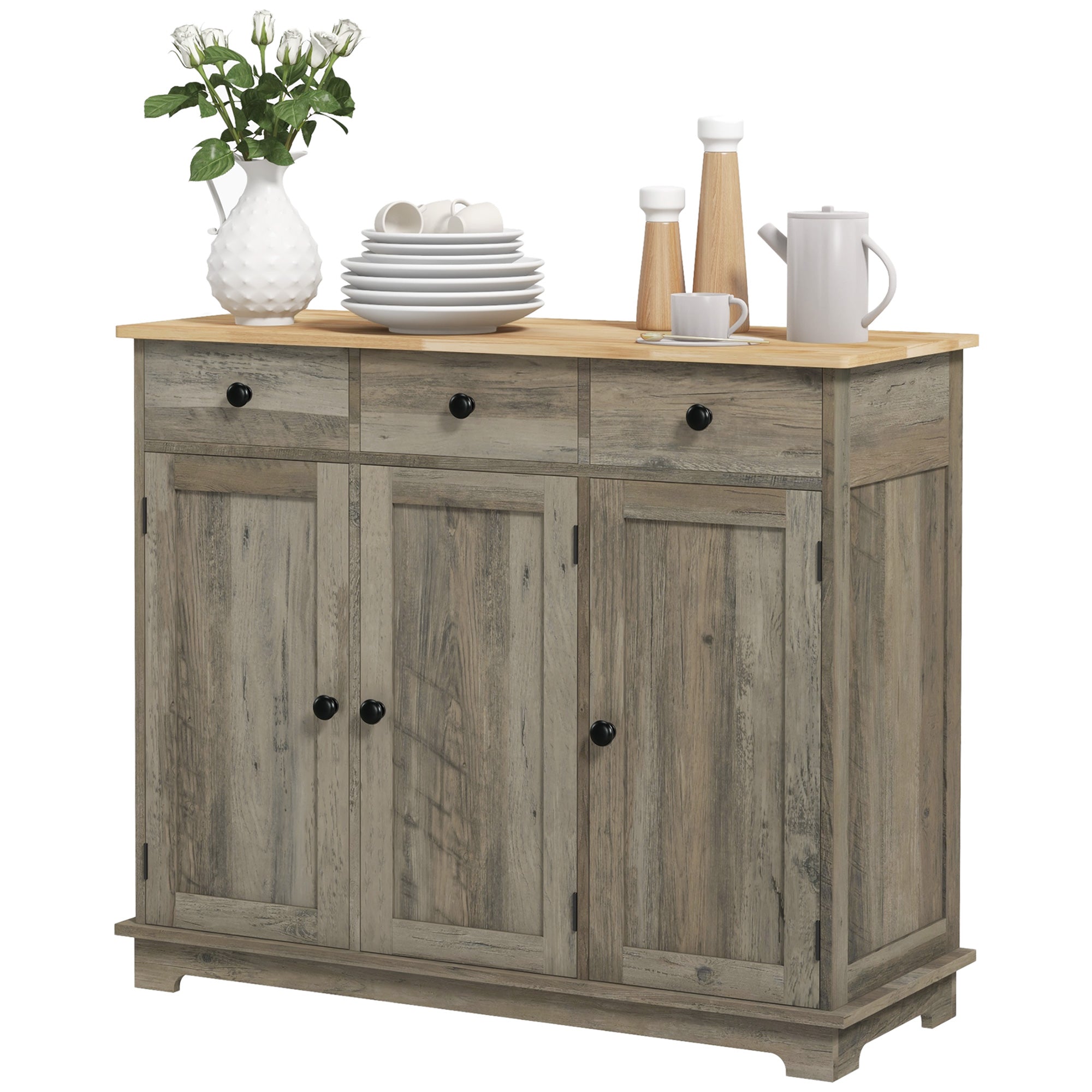 HOMCOM Sideboard Buffet Cabinet with Storage, 40" Kitchen Cabinet with 3 Adjustable Shelves, 3 Drawers and 3 Doors, Coffee Bar Cabinet with Rubberwood Tabletop, Washed Grey
