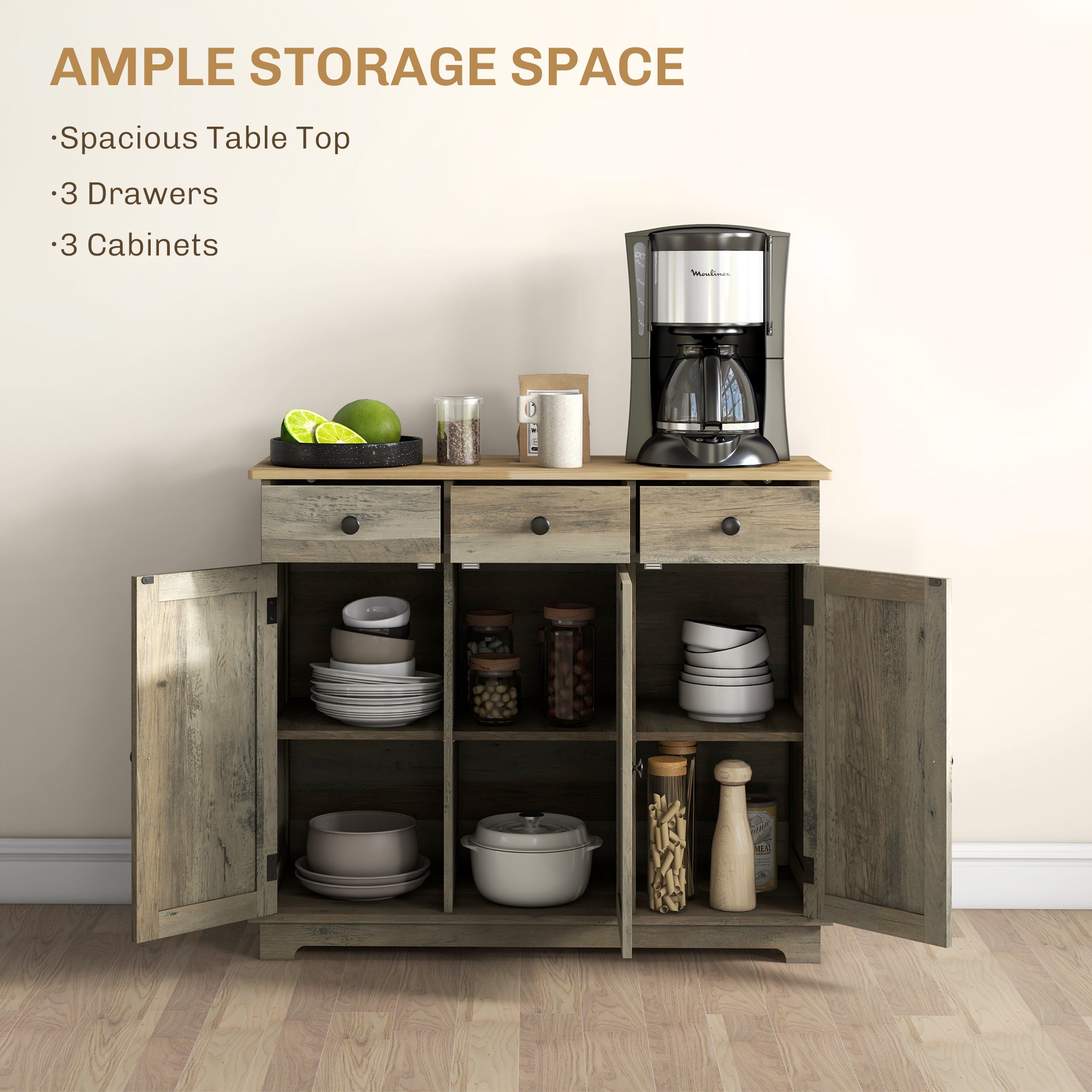 HOMCOM Sideboard Buffet Cabinet with Storage, 40" Kitchen Cabinet with 3 Adjustable Shelves, 3 Drawers and 3 Doors, Coffee Bar Cabinet with Rubberwood Tabletop, Washed Grey