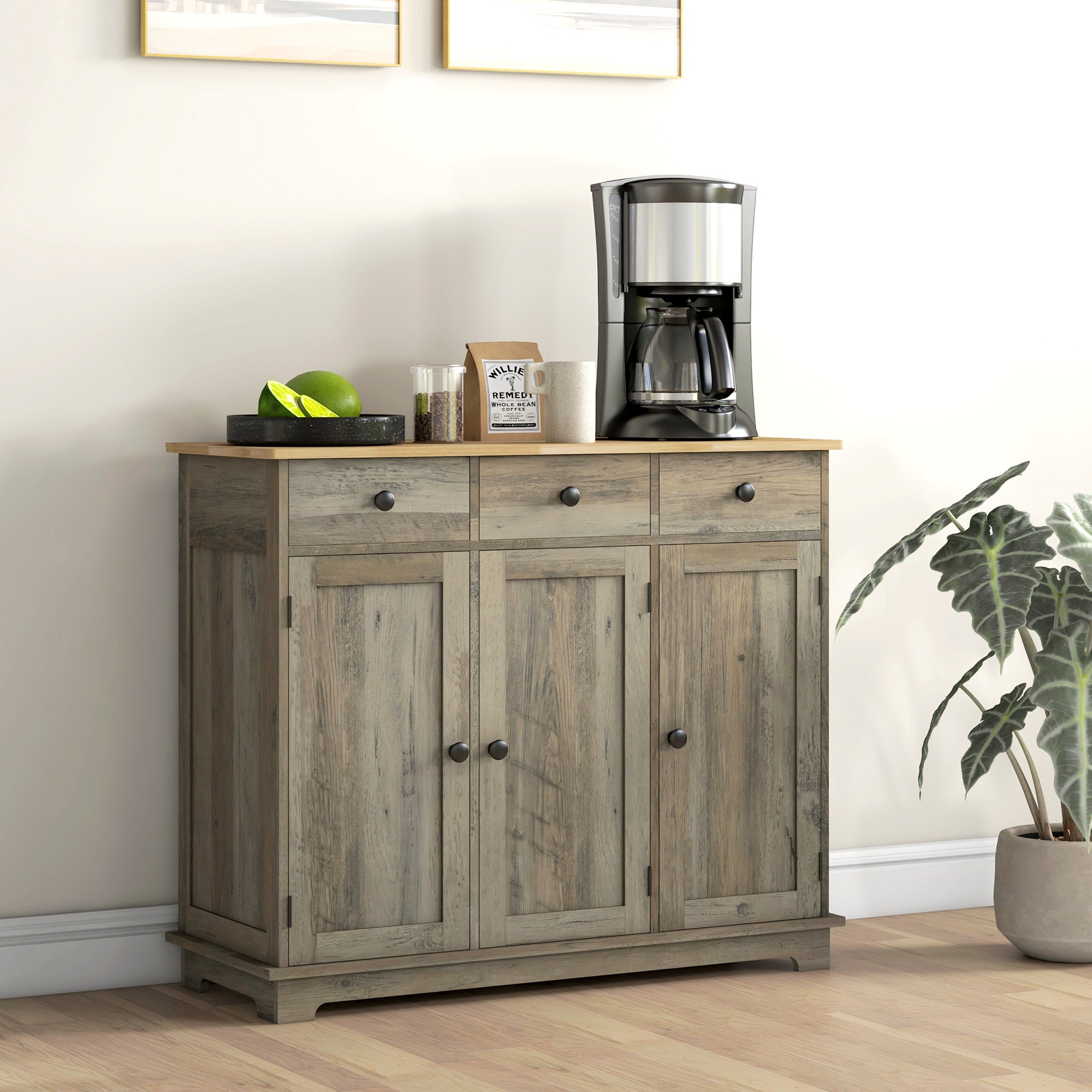 HOMCOM Sideboard Buffet Cabinet with Storage, 40" Kitchen Cabinet with 3 Adjustable Shelves, 3 Drawers and 3 Doors, Coffee Bar Cabinet with Rubberwood Tabletop, Washed Grey