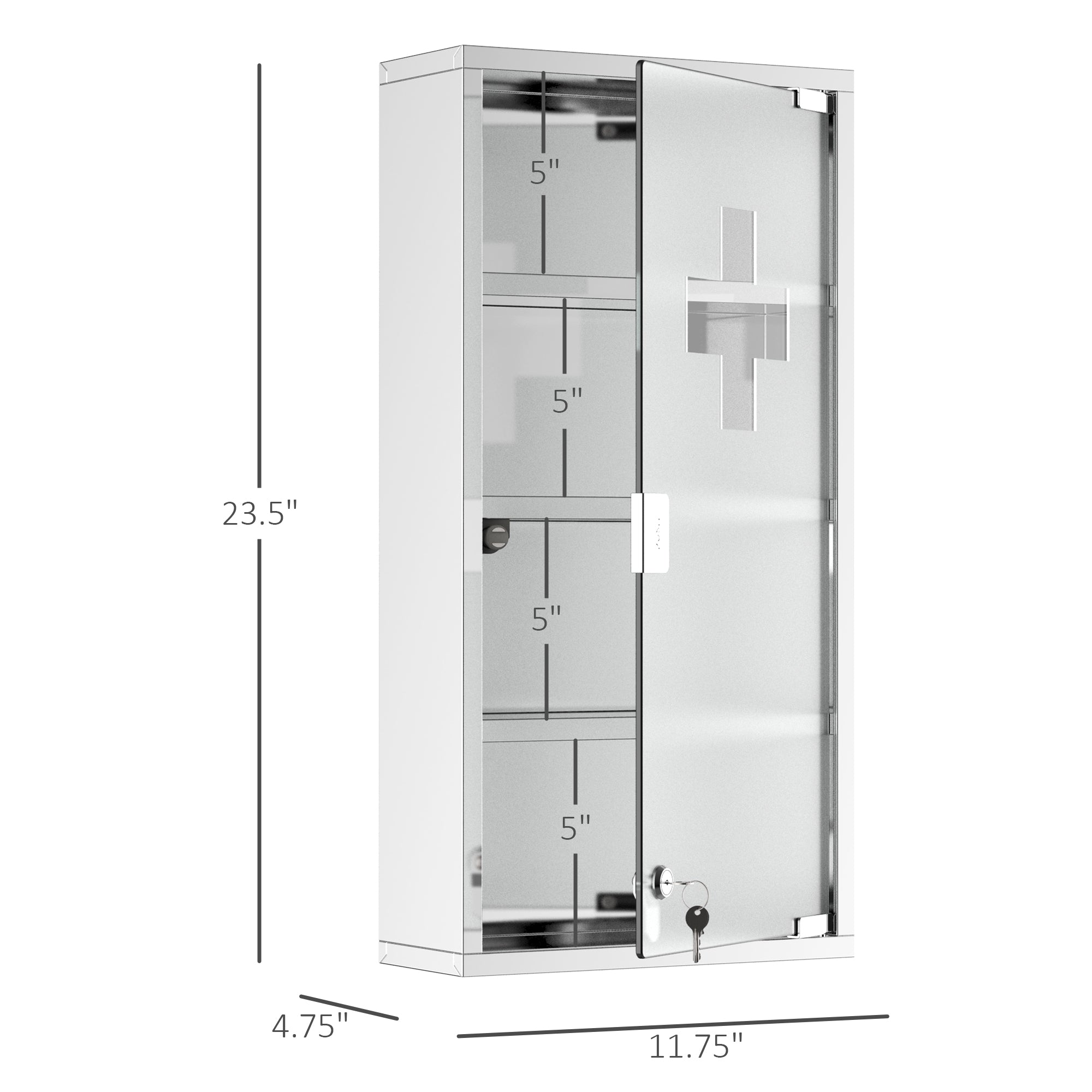 HOMCOM Wall Mount Medicine Cabinet, Bathroom Cabinet with 4 Tier Shelves, Stainless Steel Frame and Glass Door, Lockable with 2 Keys, Silver, 12" x 23.5"
