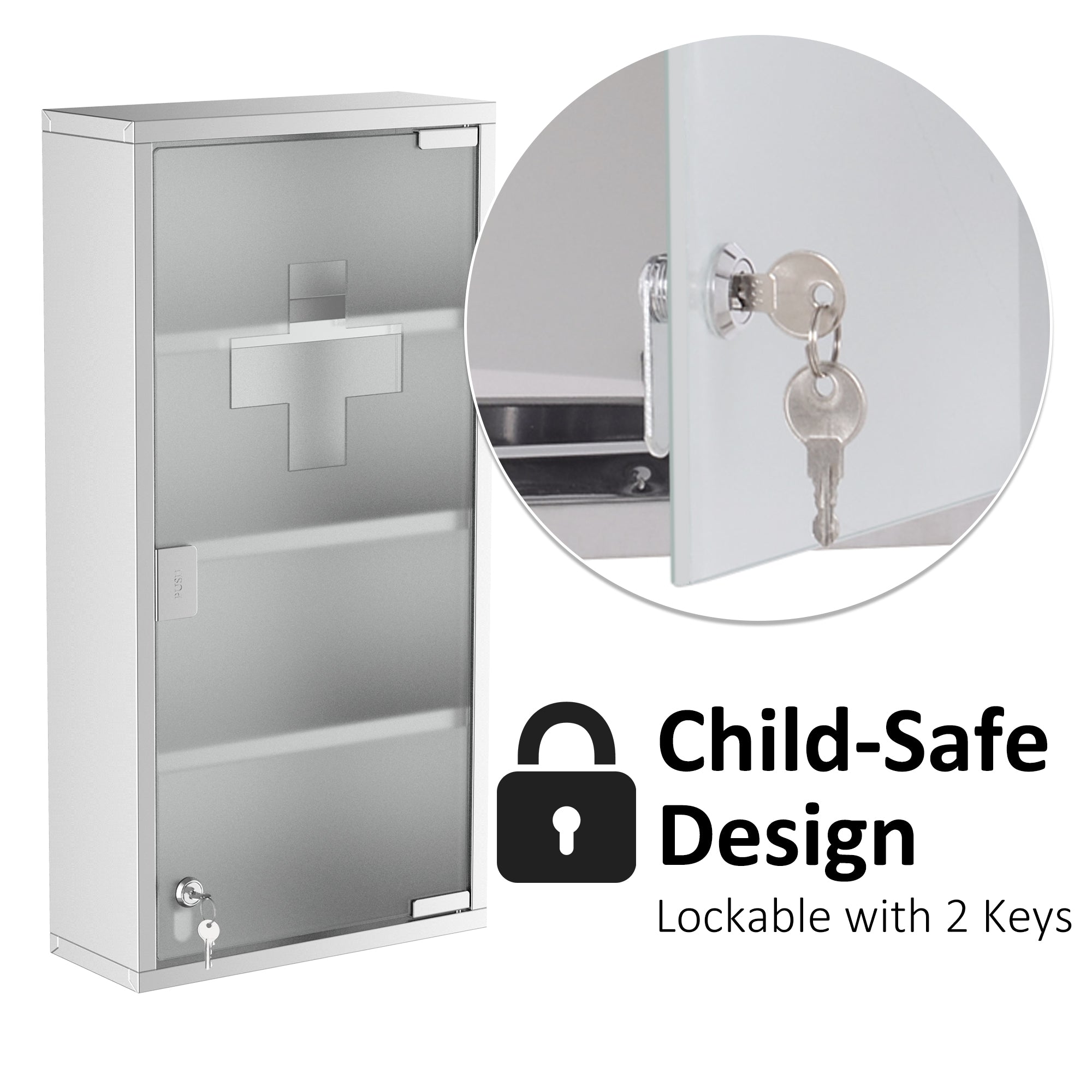 HOMCOM Wall Mount Medicine Cabinet, Bathroom Cabinet with 4 Tier Shelves, Stainless Steel Frame and Glass Door, Lockable with 2 Keys, Silver, 12