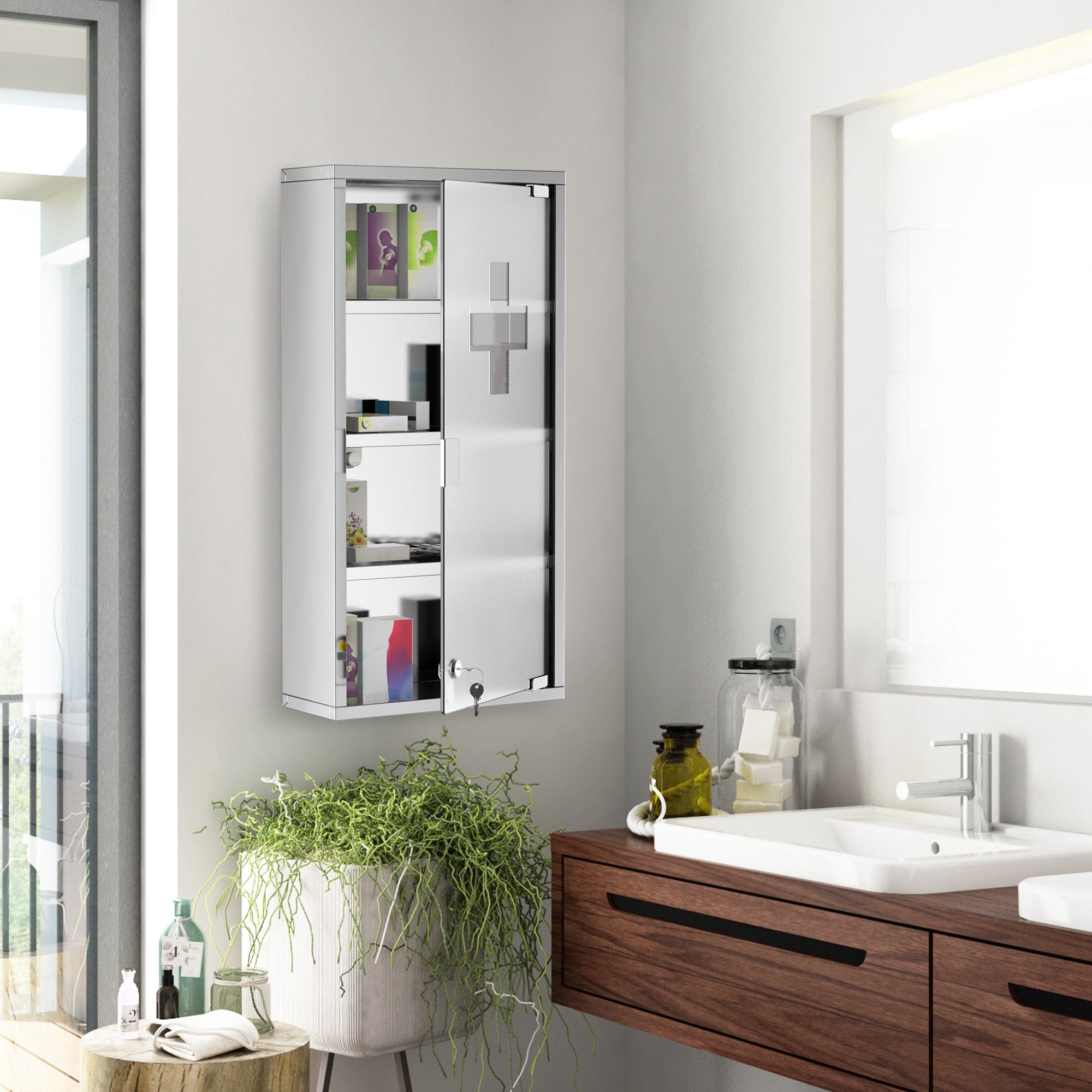 HOMCOM Wall Mount Medicine Cabinet, Bathroom Cabinet with 4 Tier Shelves, Stainless Steel Frame and Glass Door, Lockable with 2 Keys, Silver, 12