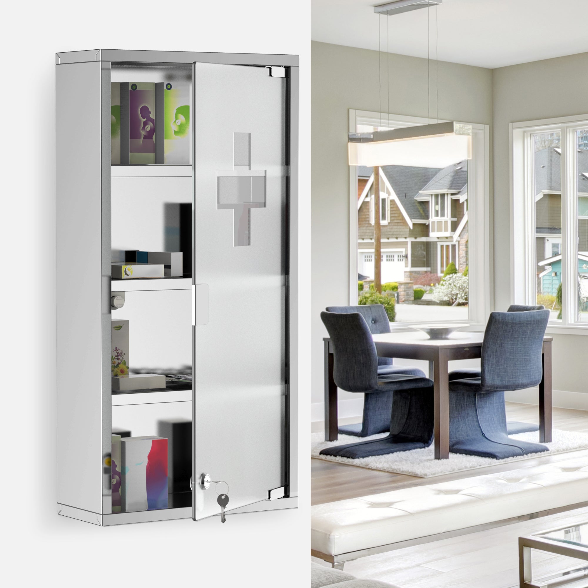 HOMCOM Wall Mount Medicine Cabinet, Bathroom Cabinet with 4 Tier Shelves, Stainless Steel Frame and Glass Door, Lockable with 2 Keys, Silver, 12