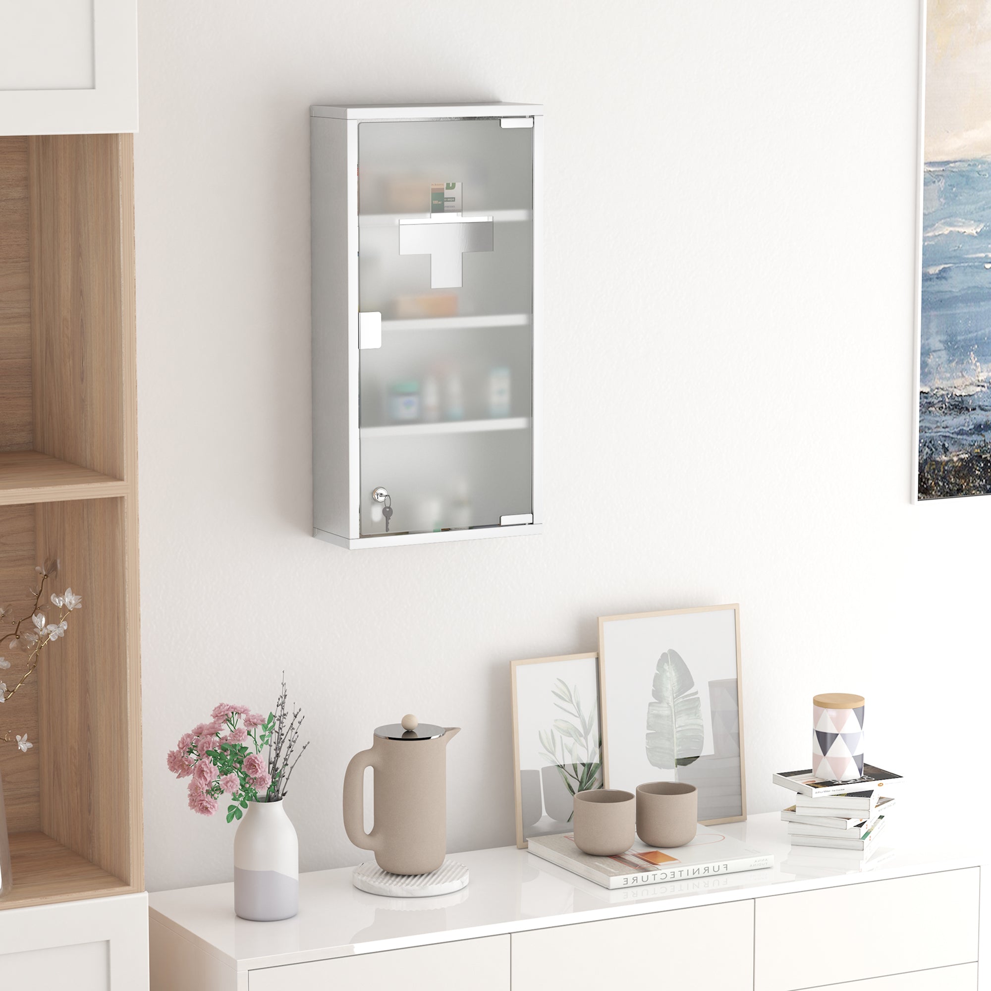HOMCOM 4 Tier Stainless Steel Wall Mounted Medicine Cabinet Glass Lockable Door Storage Shelves Houseware Bathroom Furniture 60Hx30Wx12D(cm) w/2 Keys