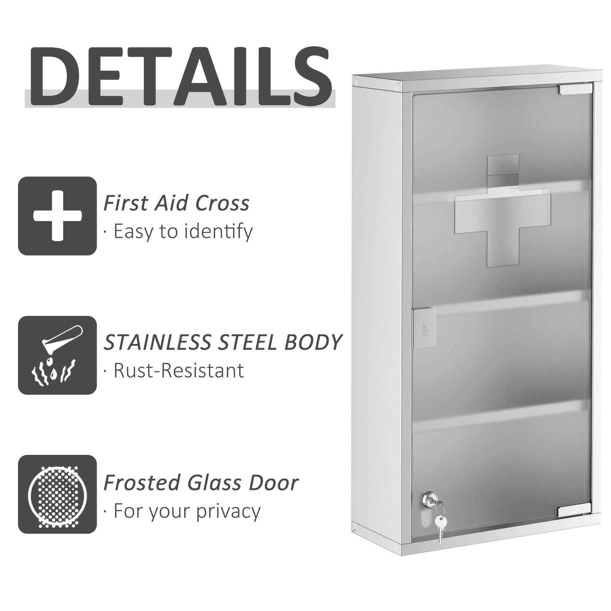 HOMCOM Wall Mount Medicine Cabinet, Bathroom Cabinet with 4 Tier Shelves, Stainless Steel Frame and Glass Door, Lockable with 2 Keys, Silver, 12