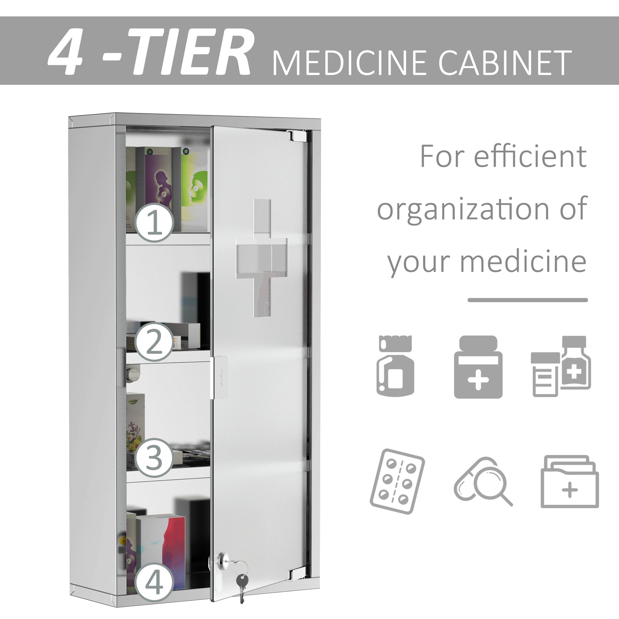 HOMCOM Wall Mount Medicine Cabinet, Bathroom Cabinet with 4 Tier Shelves, Stainless Steel Frame and Glass Door, Lockable with 2 Keys, Silver, 12" x 23.5"