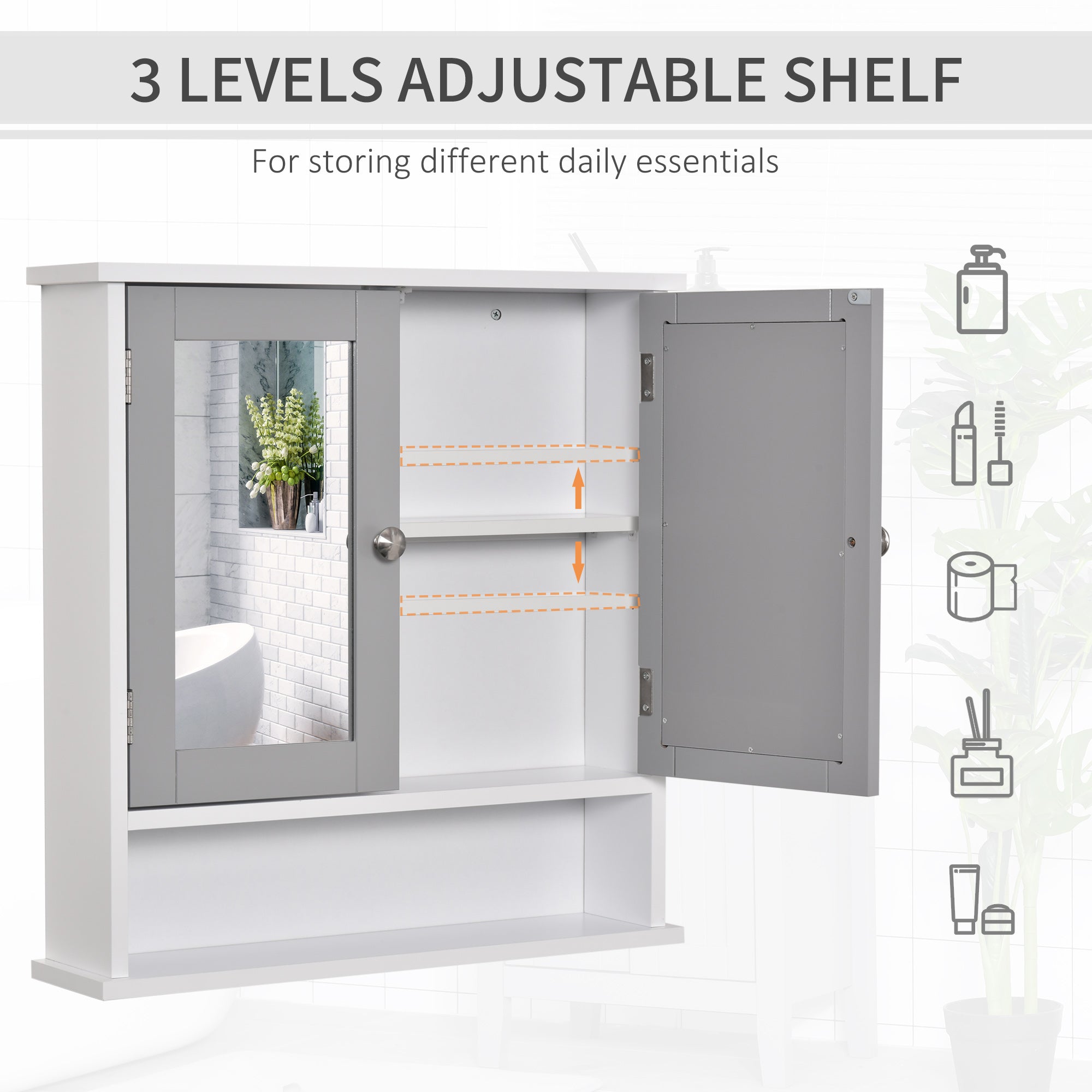 kleankin Medicine Cabinet, Wall-Mounted Bathroom Mirror Cabinet with Double Doors, Open Shelf, and Adjustable Shelf, Modern Bathroom Wall Cabinet, White and Grey