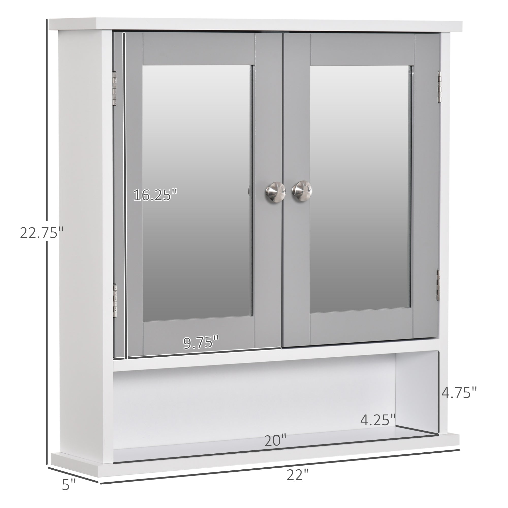 kleankin Medicine Cabinet, Wall-Mounted Bathroom Mirror Cabinet with Double Doors, Open Shelf, and Adjustable Shelf, Modern Bathroom Wall Cabinet, White and Grey