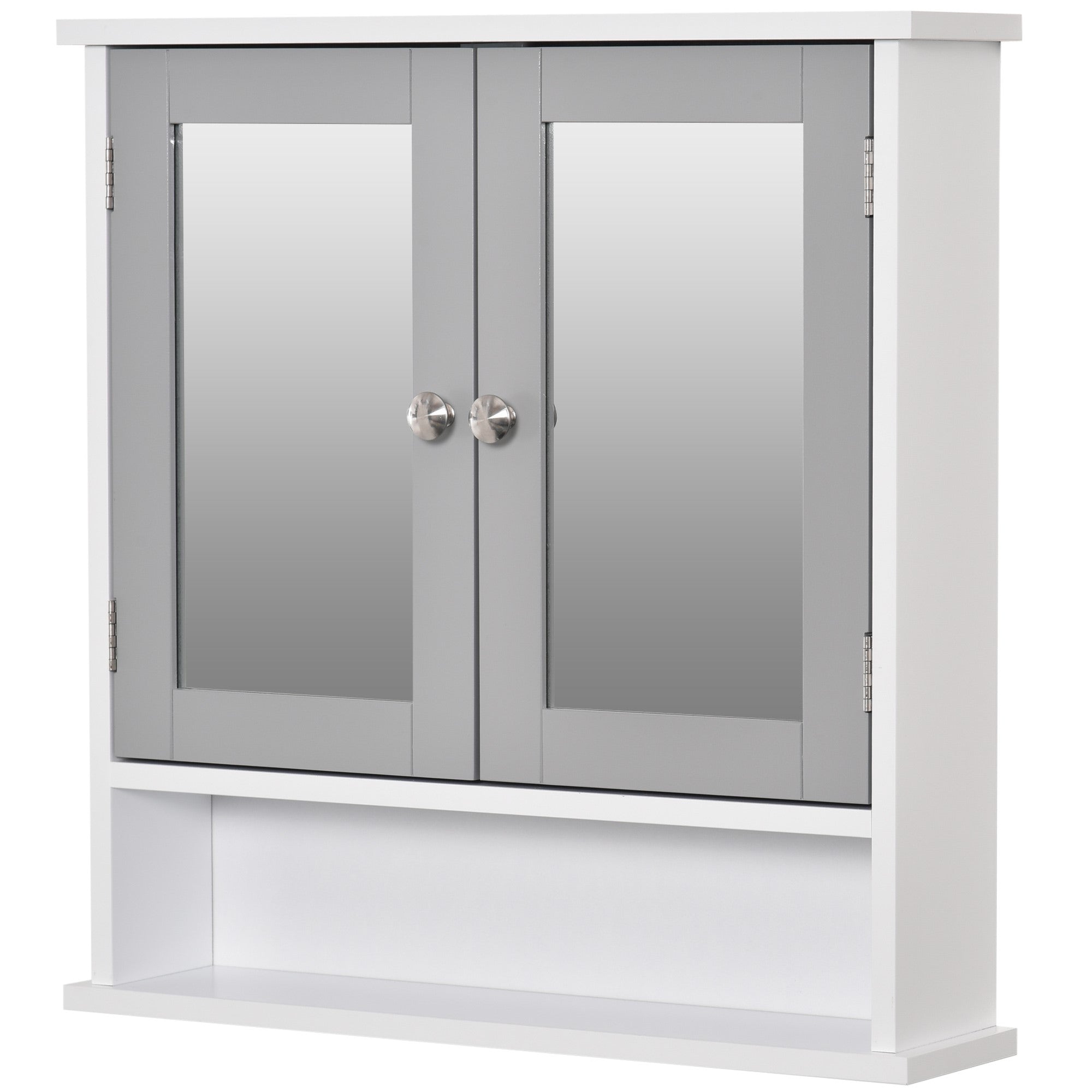 kleankin Medicine Cabinet, Wall-Mounted Bathroom Mirror Cabinet with Double Doors, Open Shelf, and Adjustable Shelf, Modern Bathroom Wall Cabinet, White and Grey