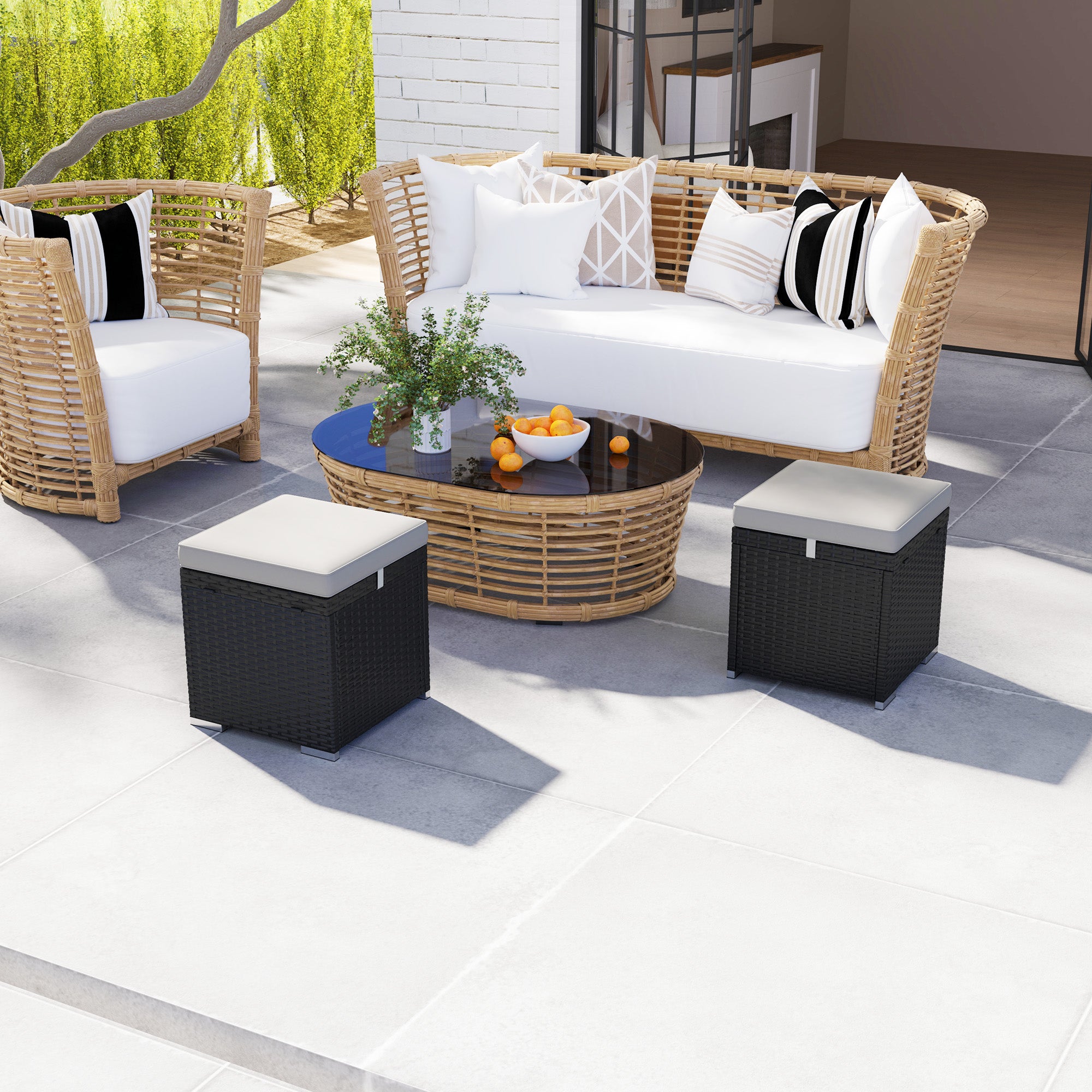 Outsunny 2 Pieces Wicker Outdoor Ottoman with Storage, PE Rattan Patio Storage Ottoman with Removable Cushion, Square Outdoor Footstool Seating, Footrest and Side Table, Light Grey