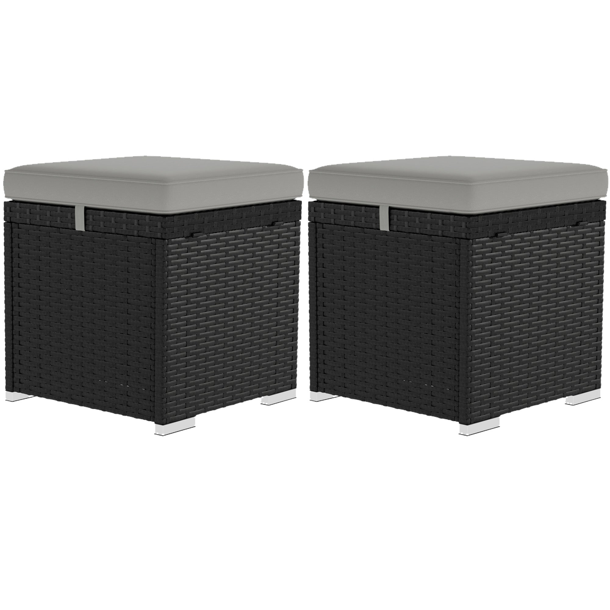 Outsunny 2 Pieces Wicker Outdoor Ottoman with Storage, PE Rattan Patio Storage Ottoman with Removable Cushion, Square Outdoor Footstool Seating, Footrest and Side Table, Light Grey