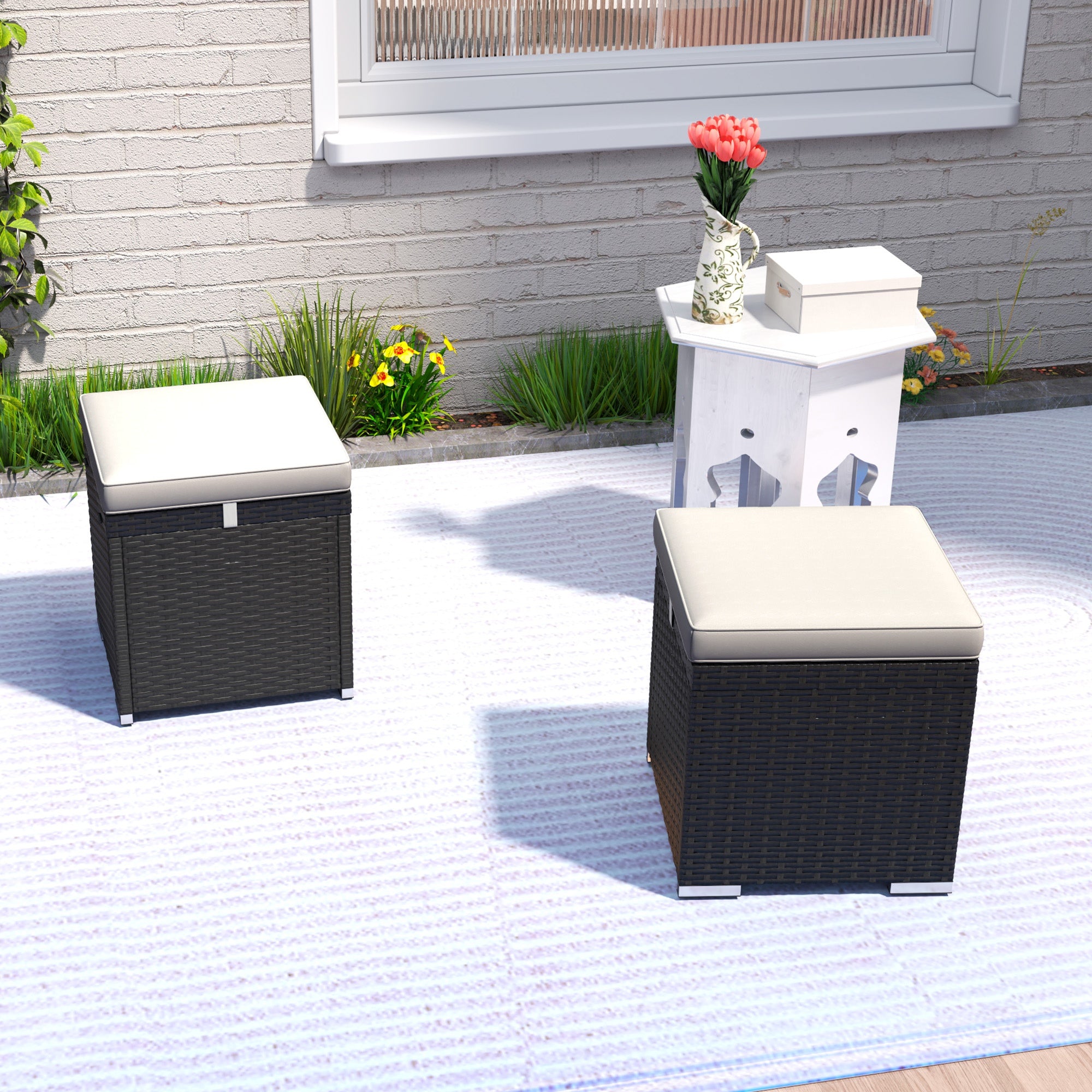 Outsunny 2 Pieces Wicker Outdoor Ottoman with Storage, PE Rattan Patio Storage Ottoman with Removable Cushion, Square Outdoor Footstool Seating, Footrest and Side Table, Light Grey
