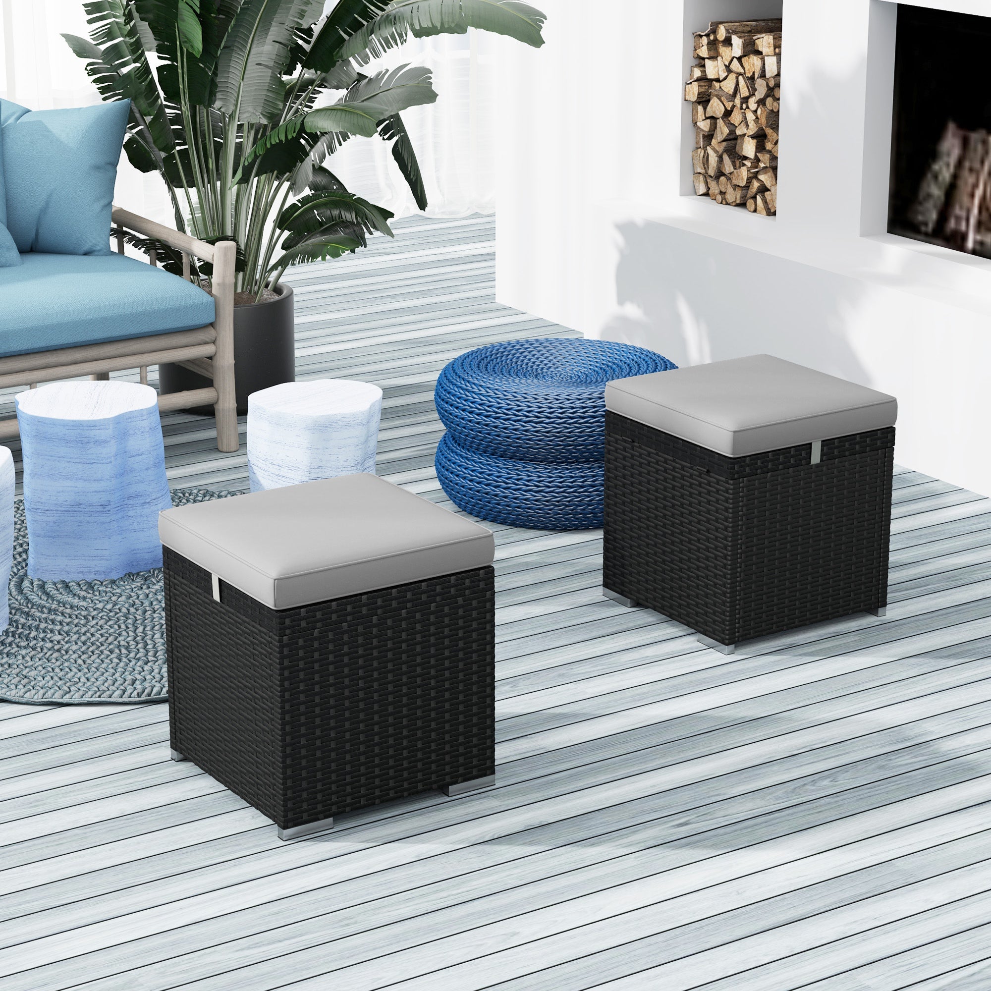 Outsunny 2 Pieces Wicker Outdoor Ottoman with Storage, PE Rattan Patio Storage Ottoman with Removable Cushion, Square Outdoor Footstool Seating, Footrest and Side Table, Light Grey