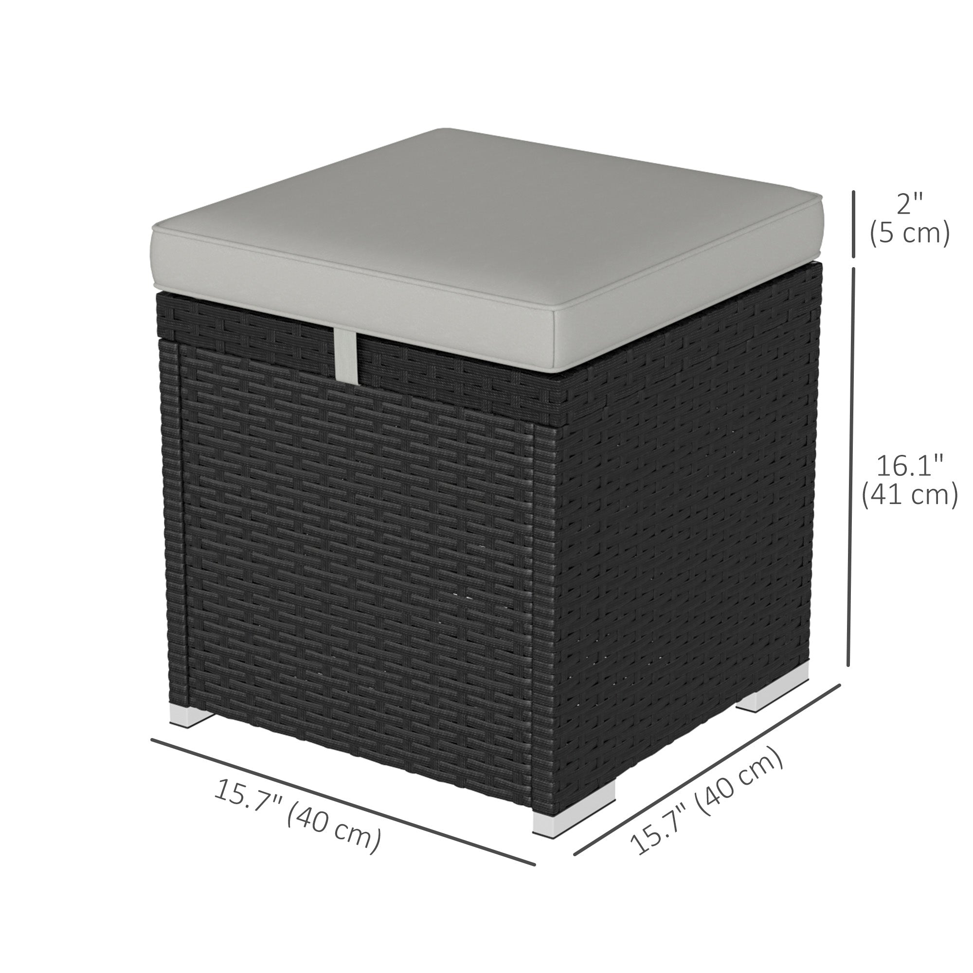Outsunny 2 Pieces Wicker Outdoor Ottoman with Storage, PE Rattan Patio Storage Ottoman with Removable Cushion, Square Outdoor Footstool Seating, Footrest and Side Table, Light Grey