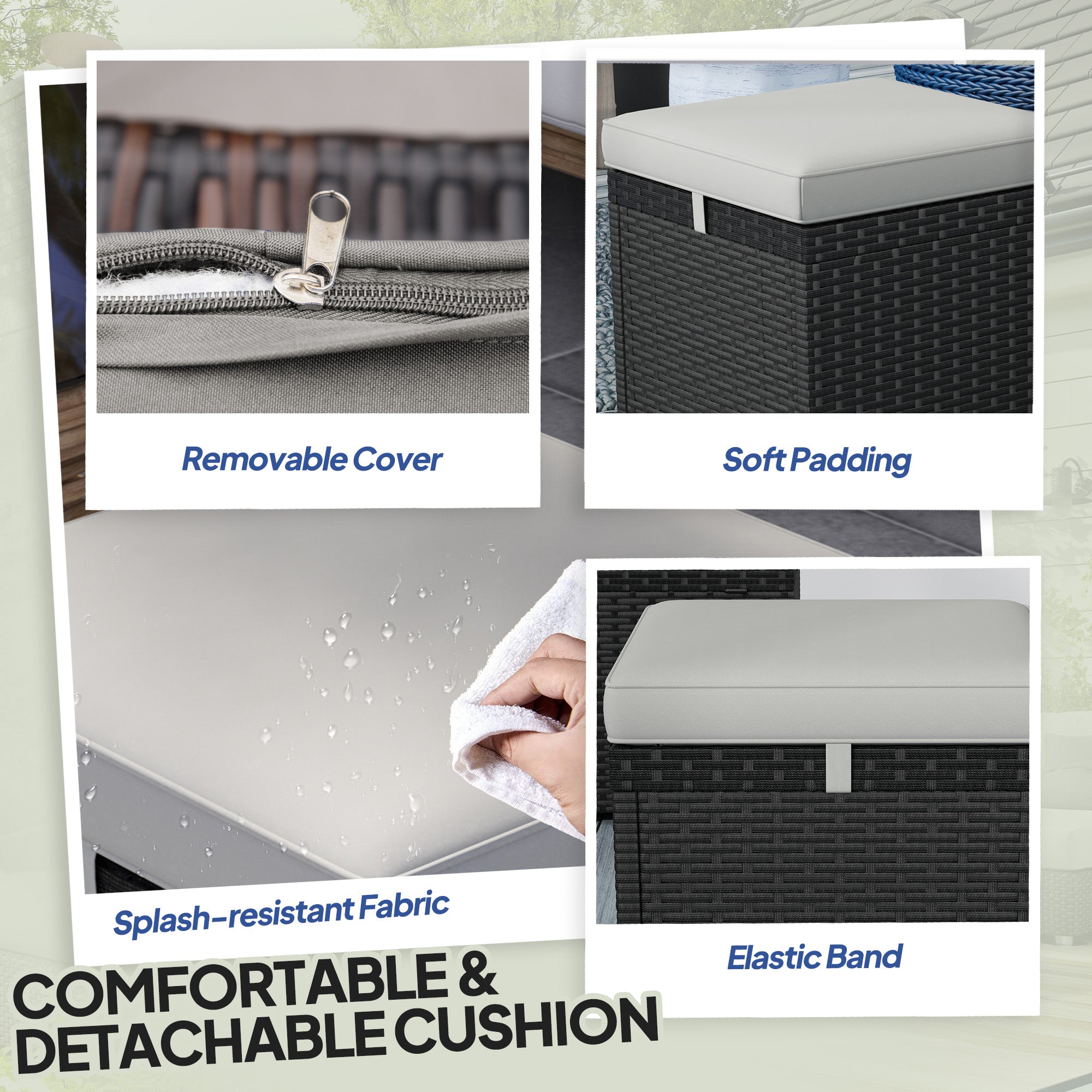 Outsunny 2 Pieces Wicker Outdoor Ottoman with Storage, PE Rattan Patio Storage Ottoman with Removable Cushion, Square Outdoor Footstool Seating, Footrest and Side Table, Light Grey